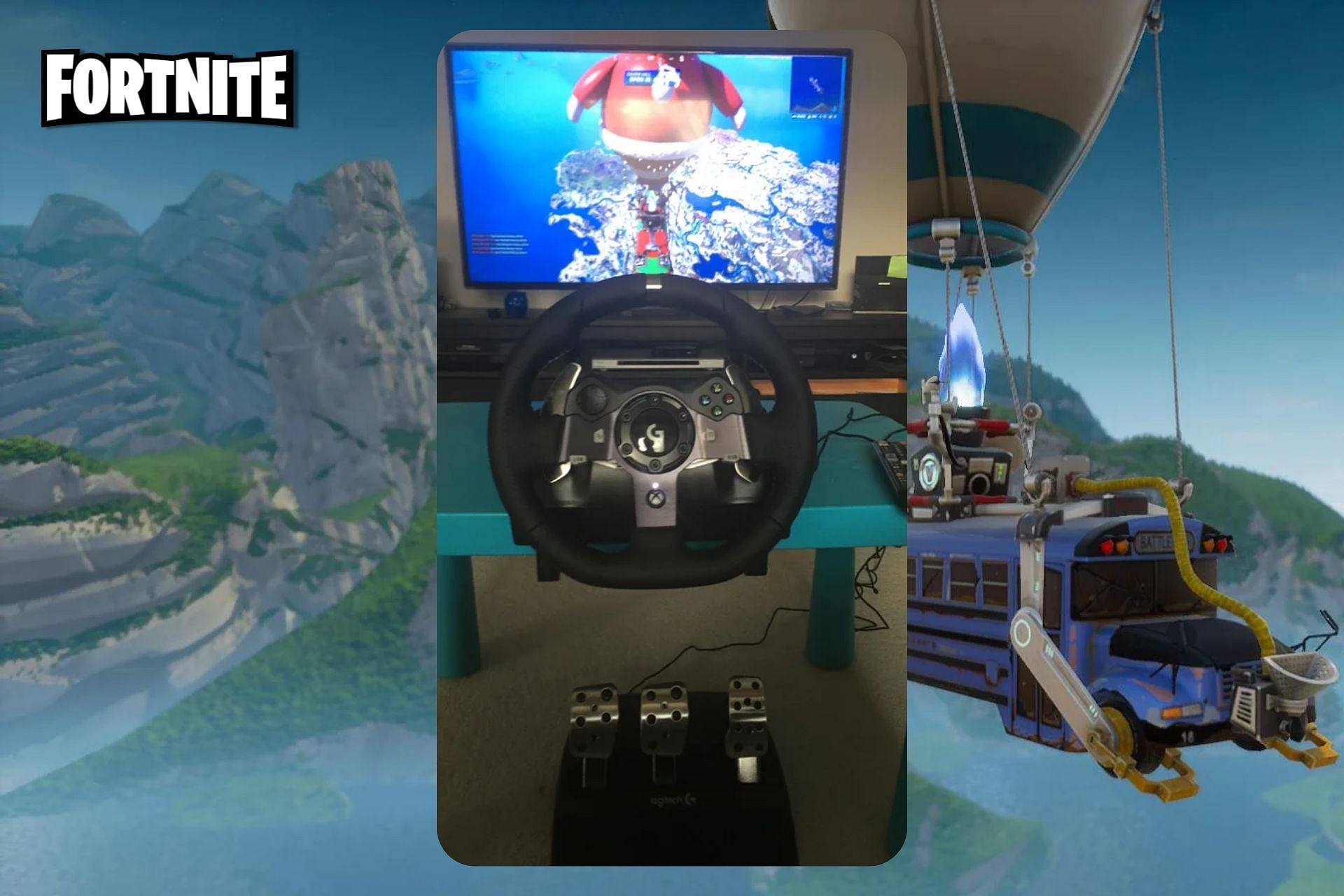 Player uses steering wheel setup to play Fortnite (Image via Sportskeeda)