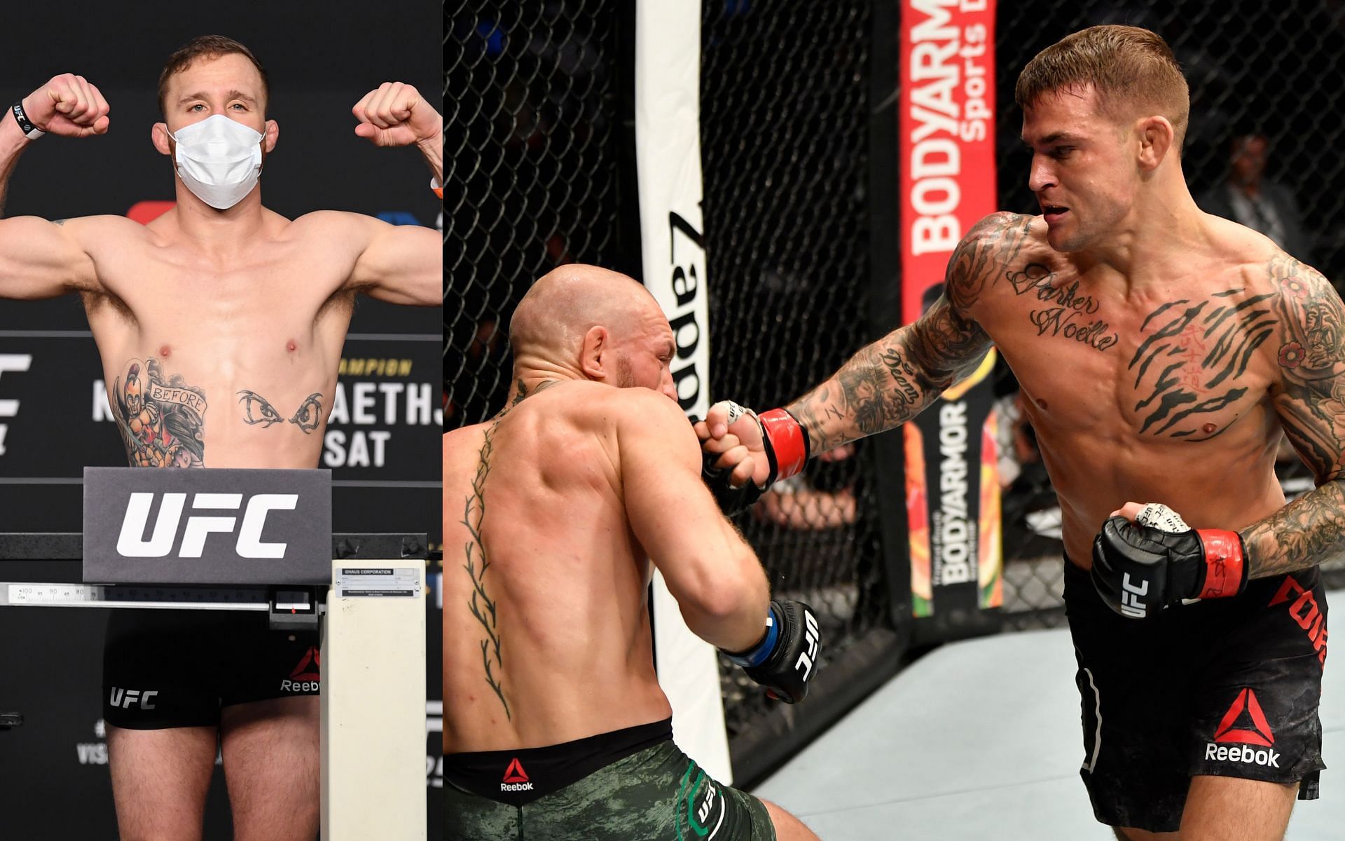 Justin Gaethje (left) and action from the Dustin Poirier vs. Conor McGregor 2 UFC 257 main event (right)