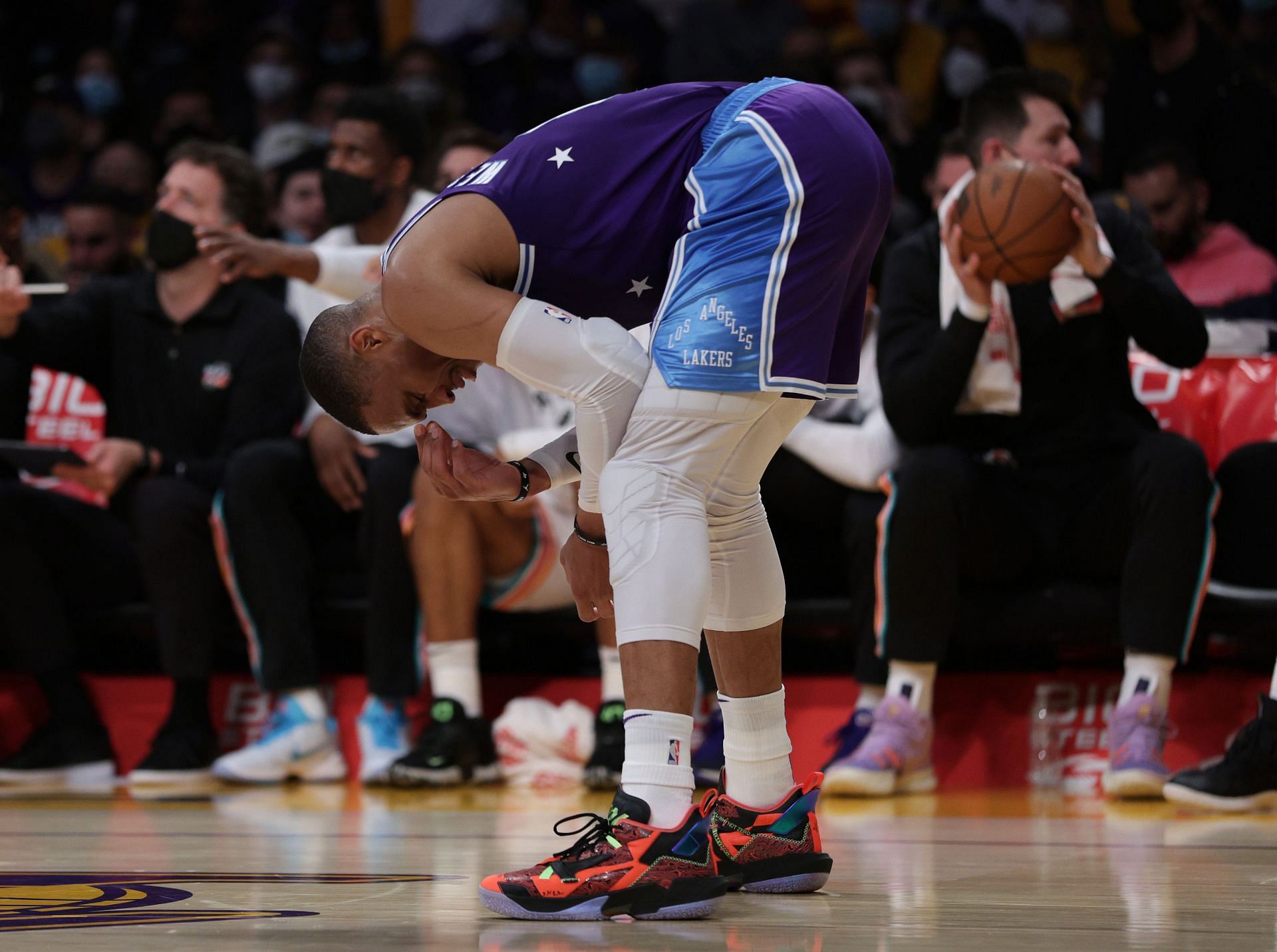 LA Lakers guard Russell Westbrook reacts after a loss of possession against the San Antonio Spurs.