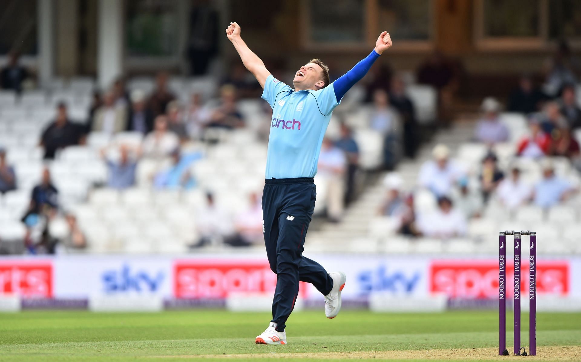 Sam Curran celebrates after he gets five wickets in an ODI against Sri Lanka. Pic: Getty Images