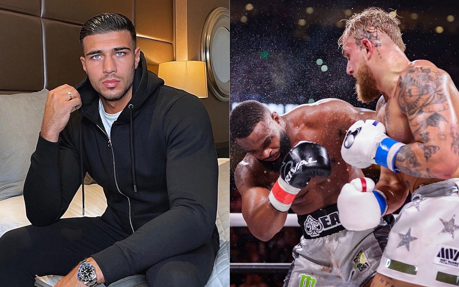 Tommy Fury (left) and Jake Paul vs Tyron Woodley (right) [Image credits: @tommyfury on Instagram and @ShowtimeBoxing on Twitter]