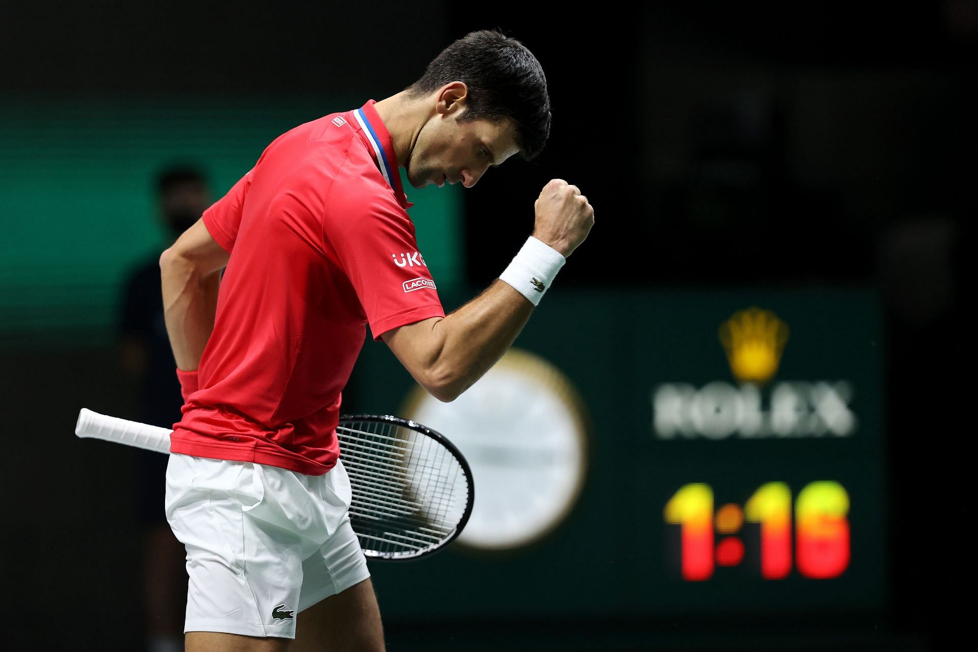 Novak Djokovic celebrates beating Alexander Bublik at the Davis Cup Finals 2021