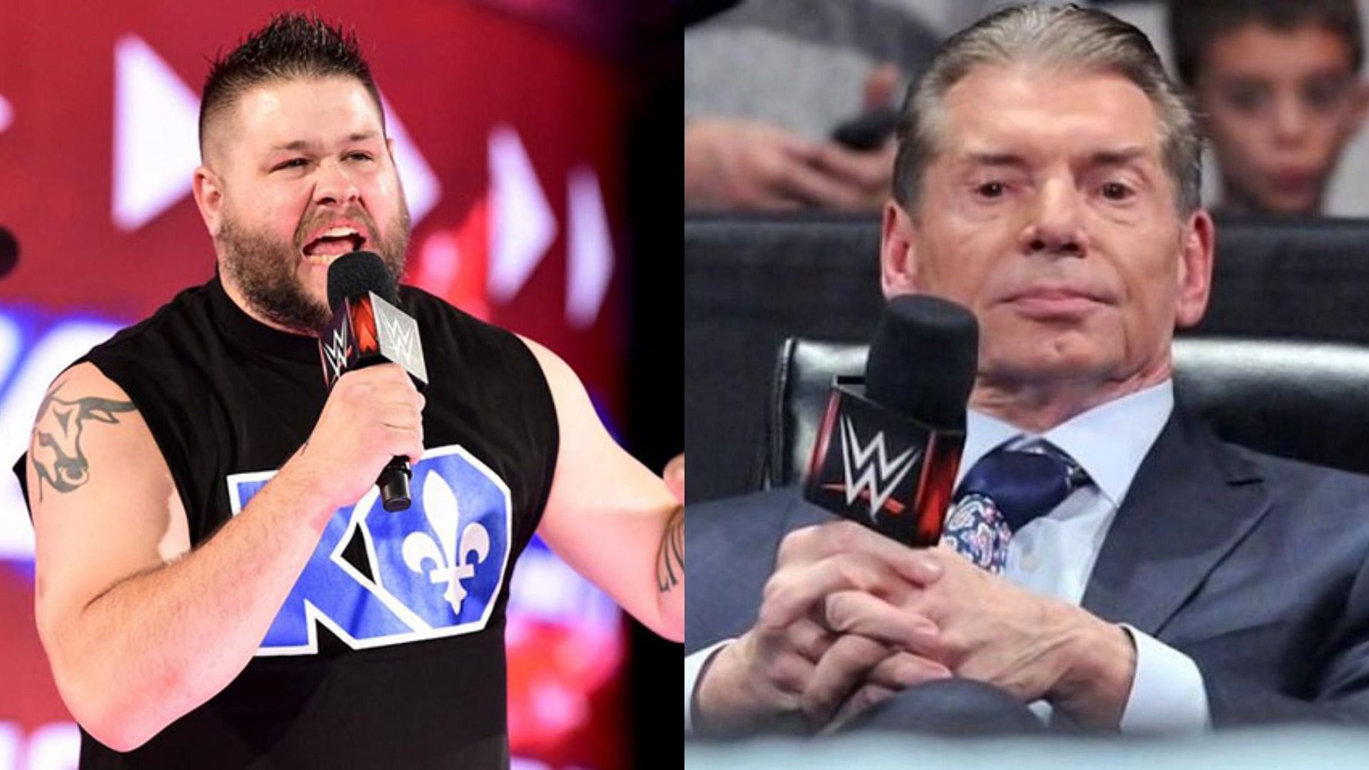 Kevin Owens (left); WWE Chairman Vince McMahon (right)