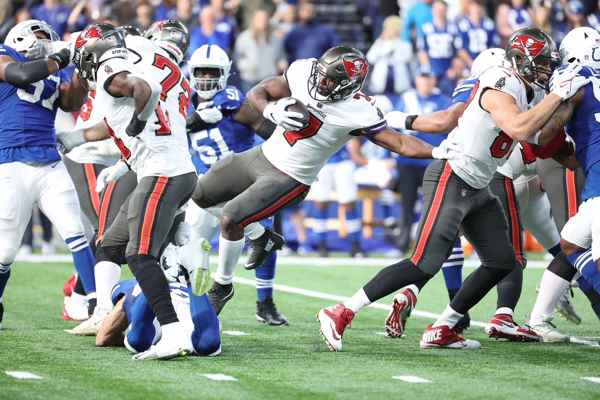 Leonard Fournette (with ball) helped the Bucs regain their NFC composure with a win over the Colts (Photo: Getty)