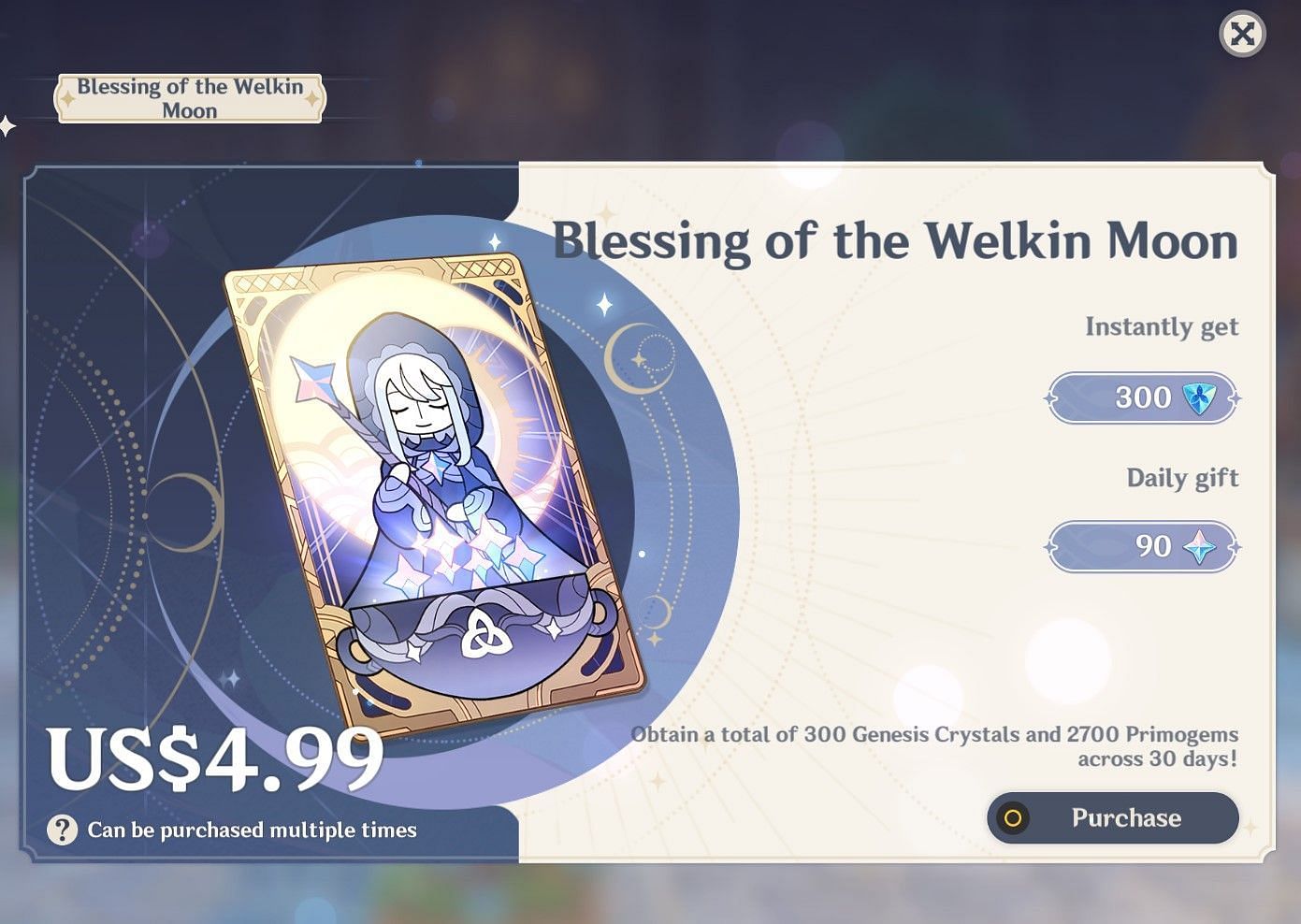 Blessing of the Welkin Moon details (Image via Genshin Impact)