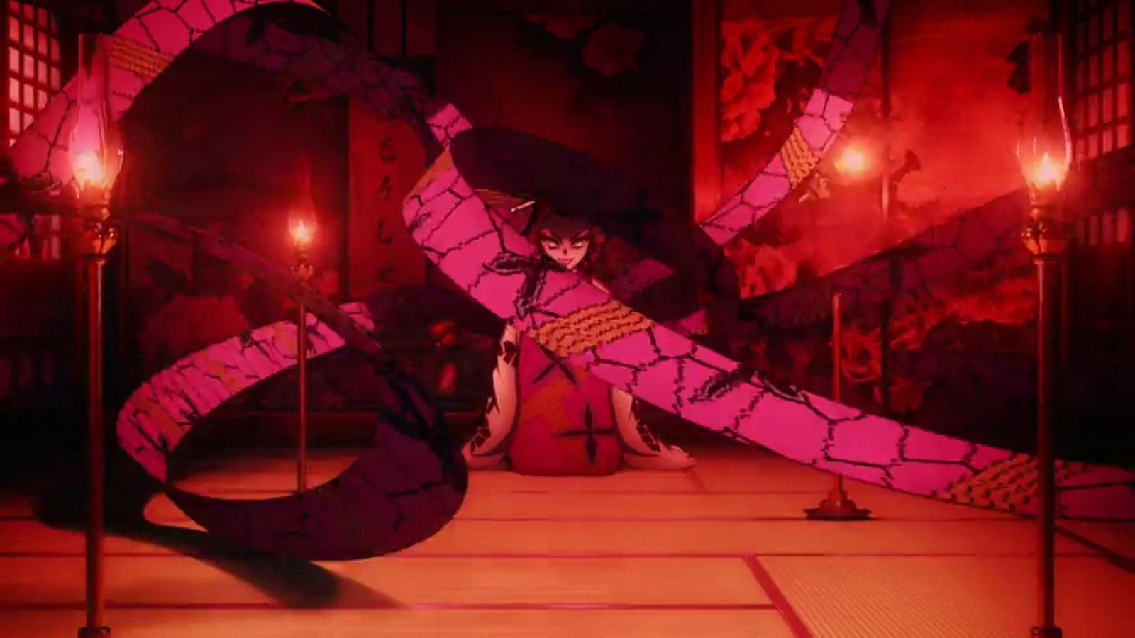 Daki attacks with her geisha outfit in Demon Slayer Season 2 (Image via Funimation)