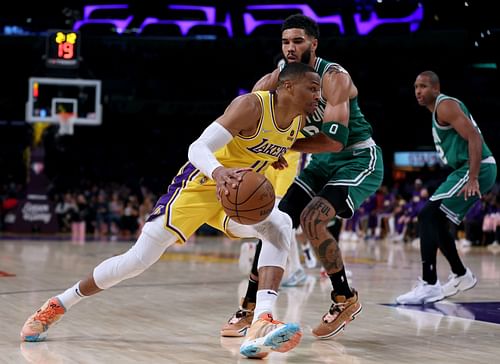 Russell Westbrook in action for the LA Lakers against the Boston Celtics.