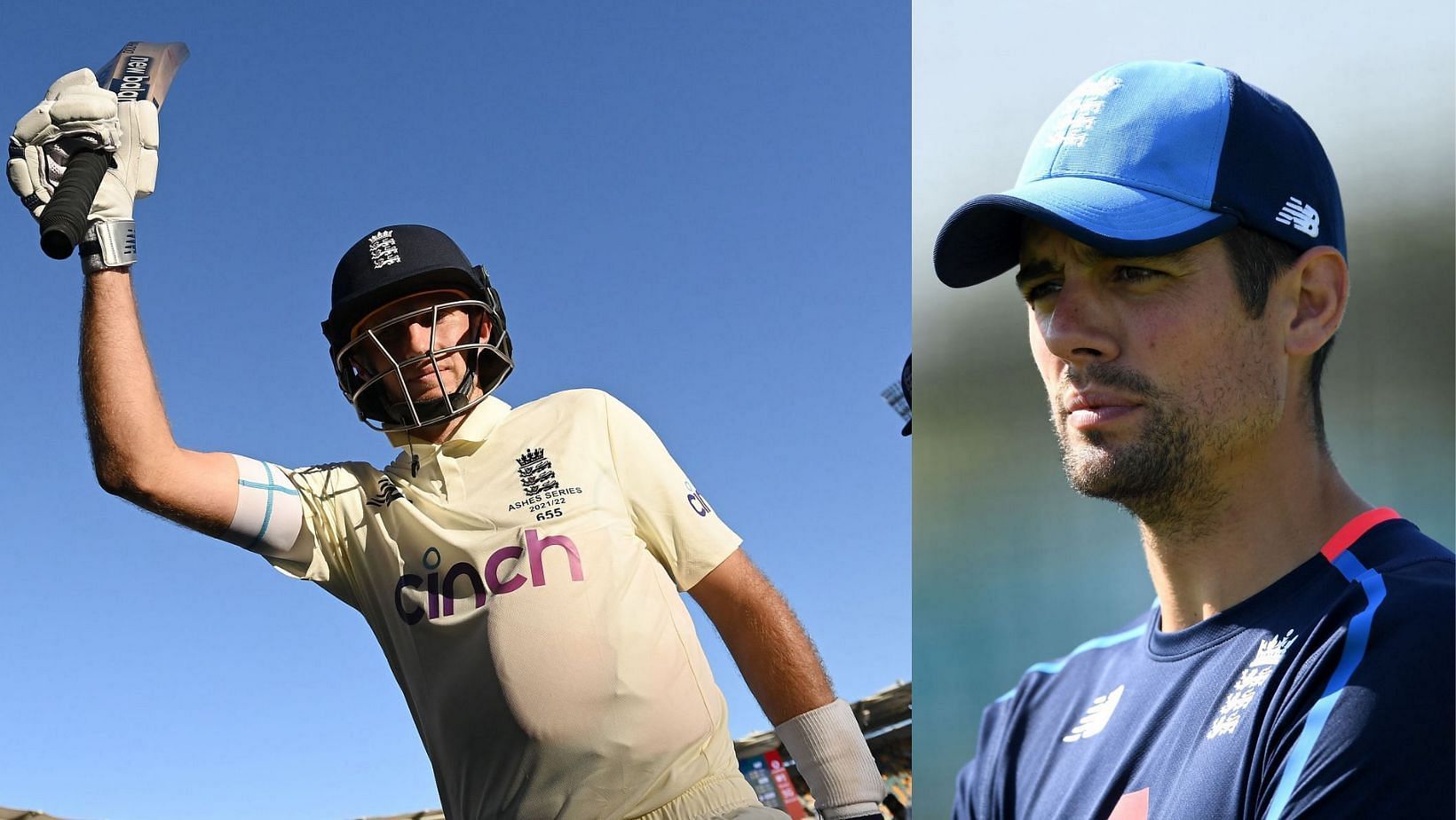 Joe Root (L) raises his bat on Friday.