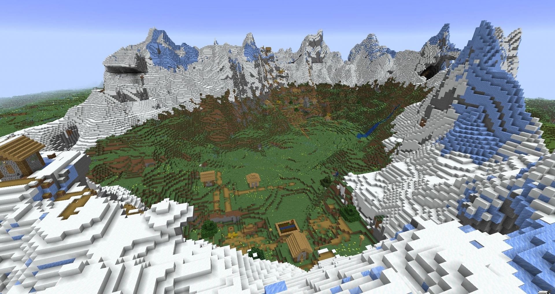 The revised world generation of Minecraft 1.18 can create interesting combinations like a village in a mountain biome (Image via Mojang)