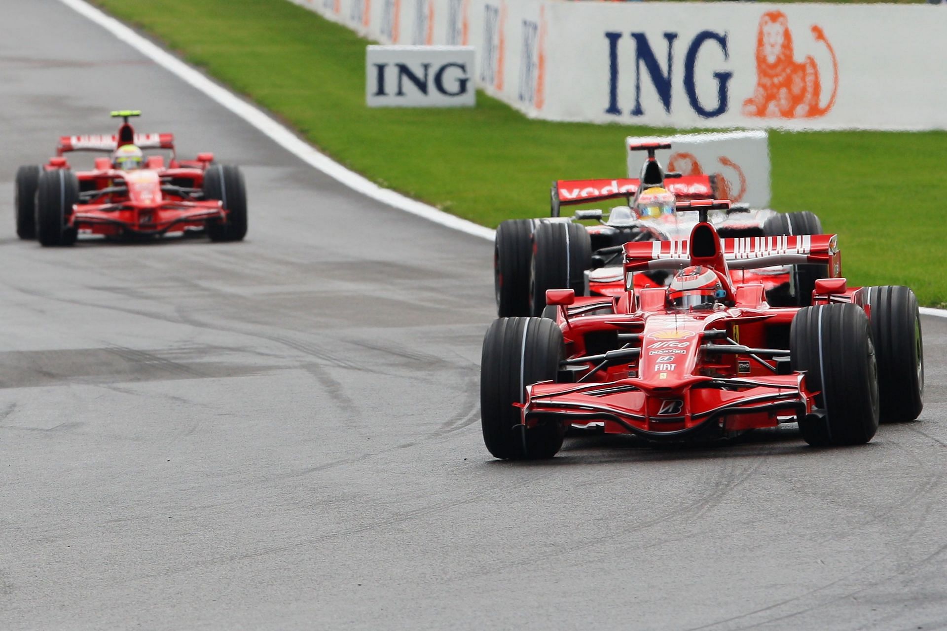 Kimi Raikkonen&#039;s Ferrari F2008, leads Lewis Hamilton&#039;s MP4-23, with Felipe Massa&#039;s Ferrari F2008 in third &ndash; 2008 Belgian Grand Prix