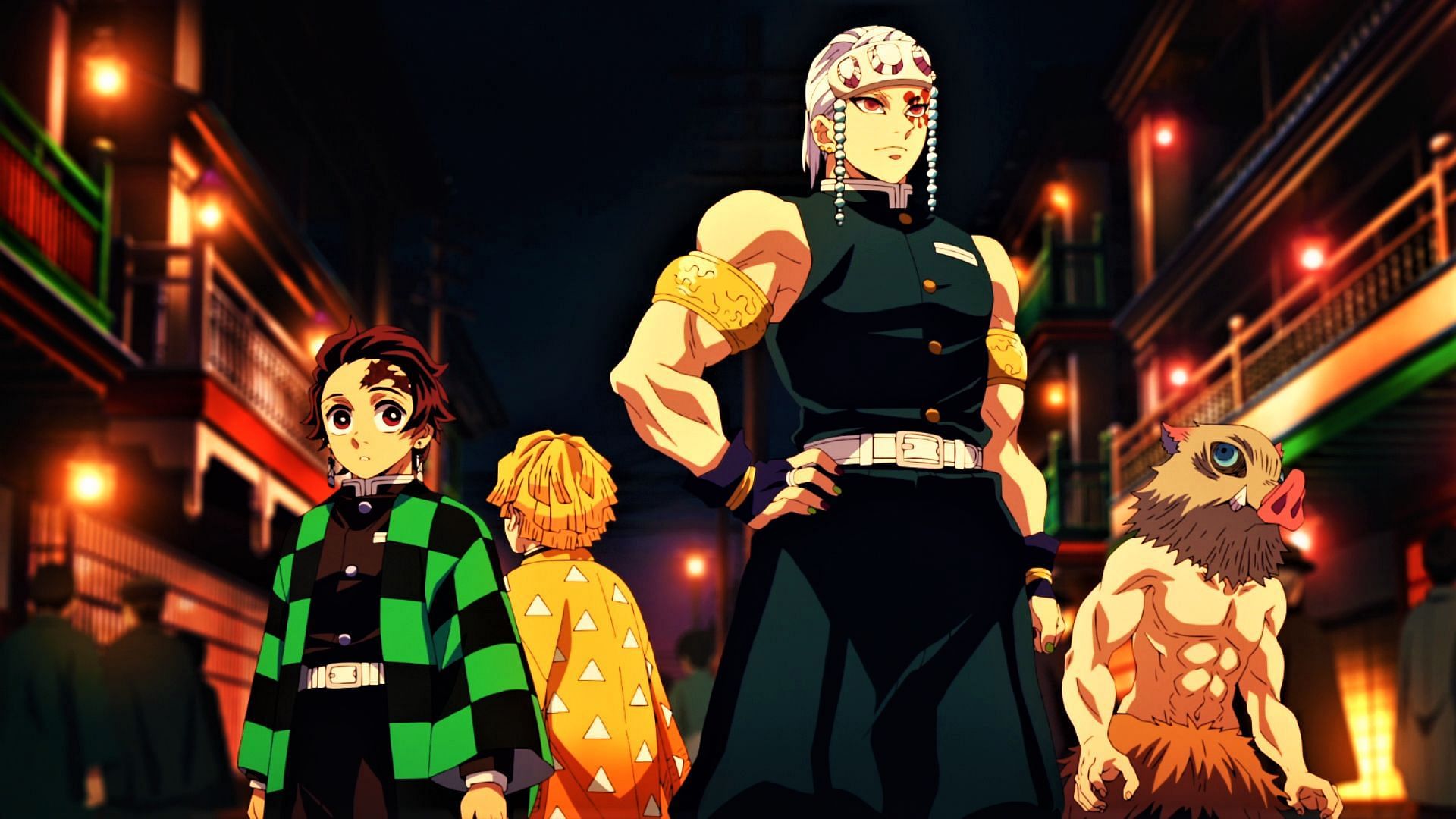 Tanjiro, Uzui, Inosuke and Zenitsu in Demon Slayer Entertainment District arc (Image via alphacoders.com)