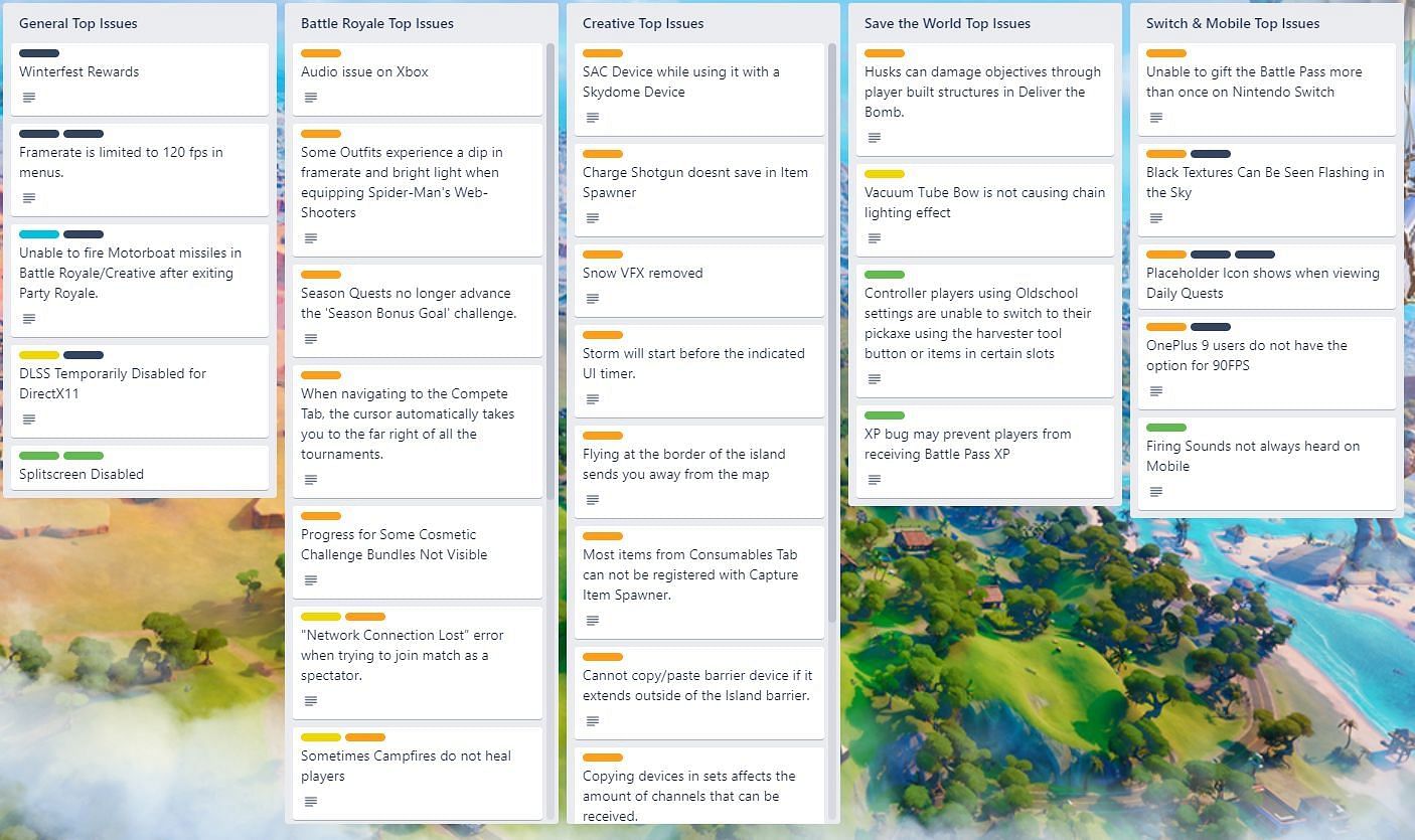 List of bugs and glitches for Chapter 3 Season 1 (Image via Trello)