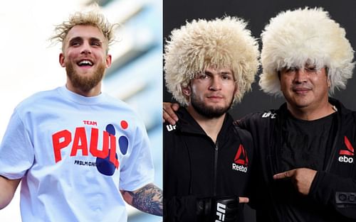 Jake Paul (left); Khabib Nurmagomedov and Javier Mendez (right)