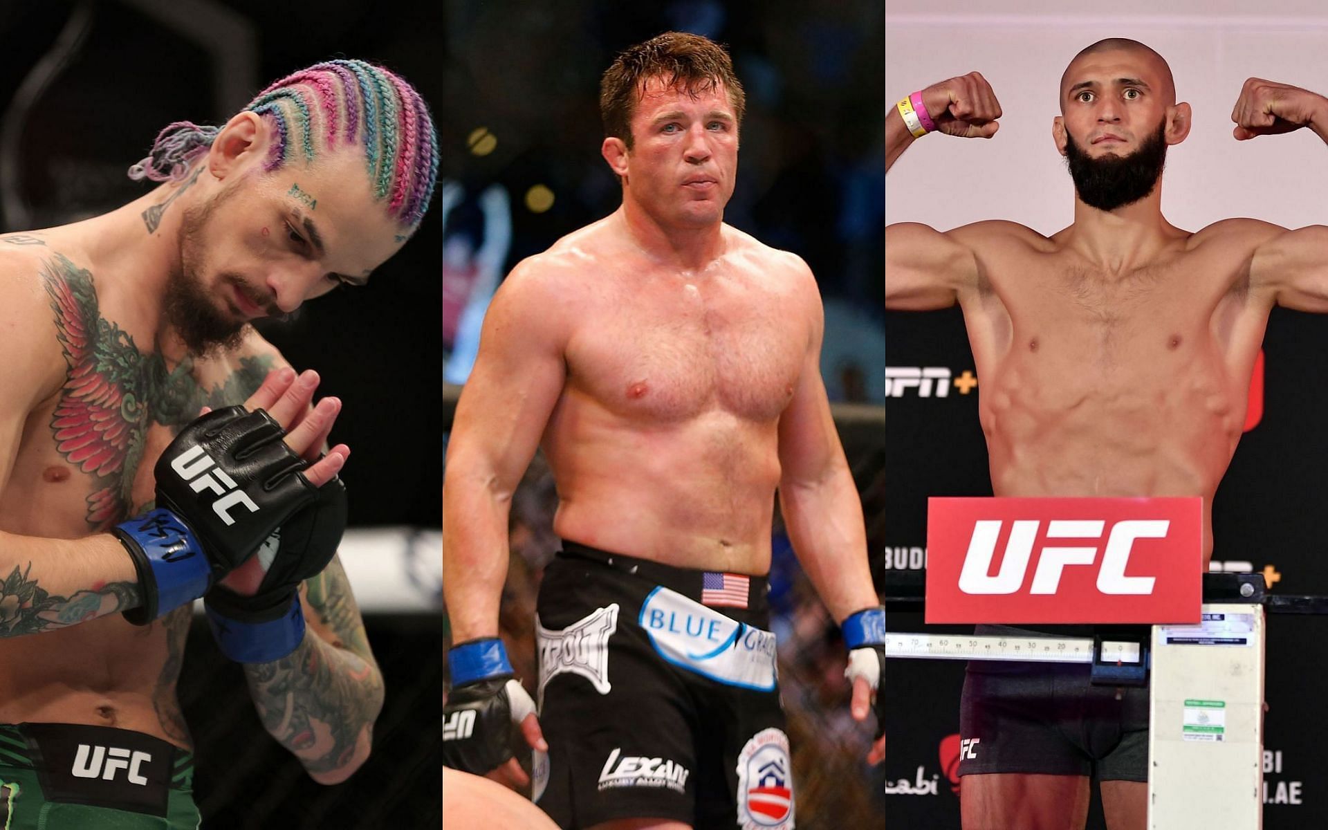 Sean O&#039;Malley (left), Chael Sonnen (center) &amp; Khamzat Chimaev (right)