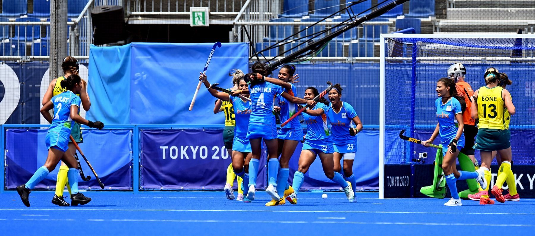 The Indian women&#039;s hockey team celebrate their 1-0 win over Australia at the Olympics. (PC: Hockey India)