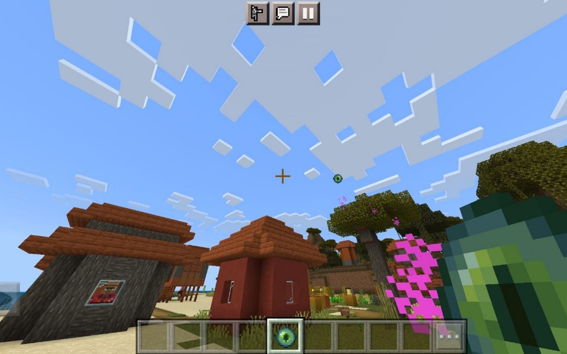 A purple trail can be seen when throwing an Eye of Ender (Image via Minecraft)