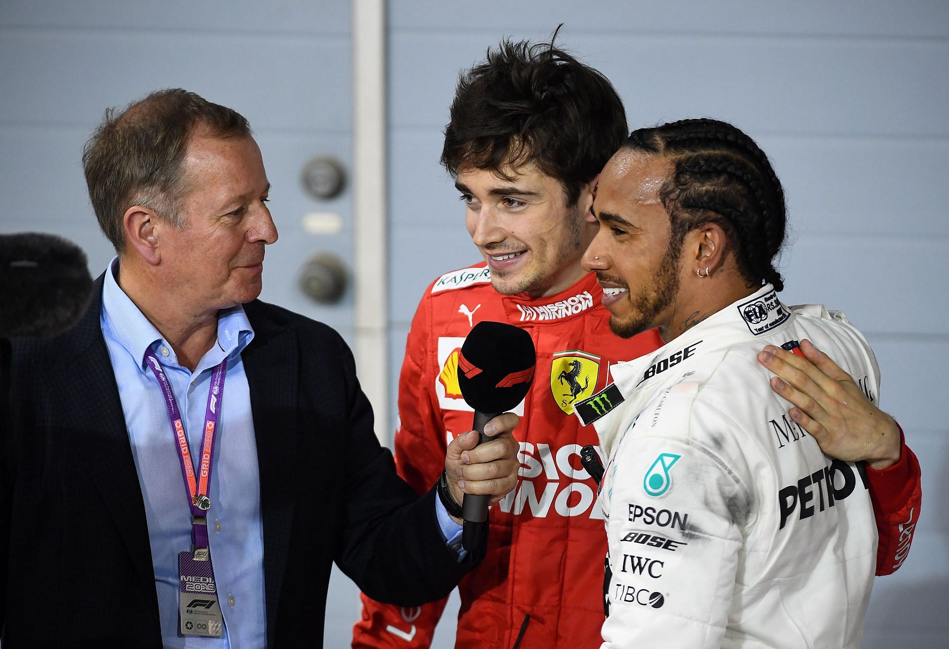 F1 Grand Prix of Bahrain 2019 - Martin Brundle talks to Charles Leclerc and Lewis Hamilton in 2019.