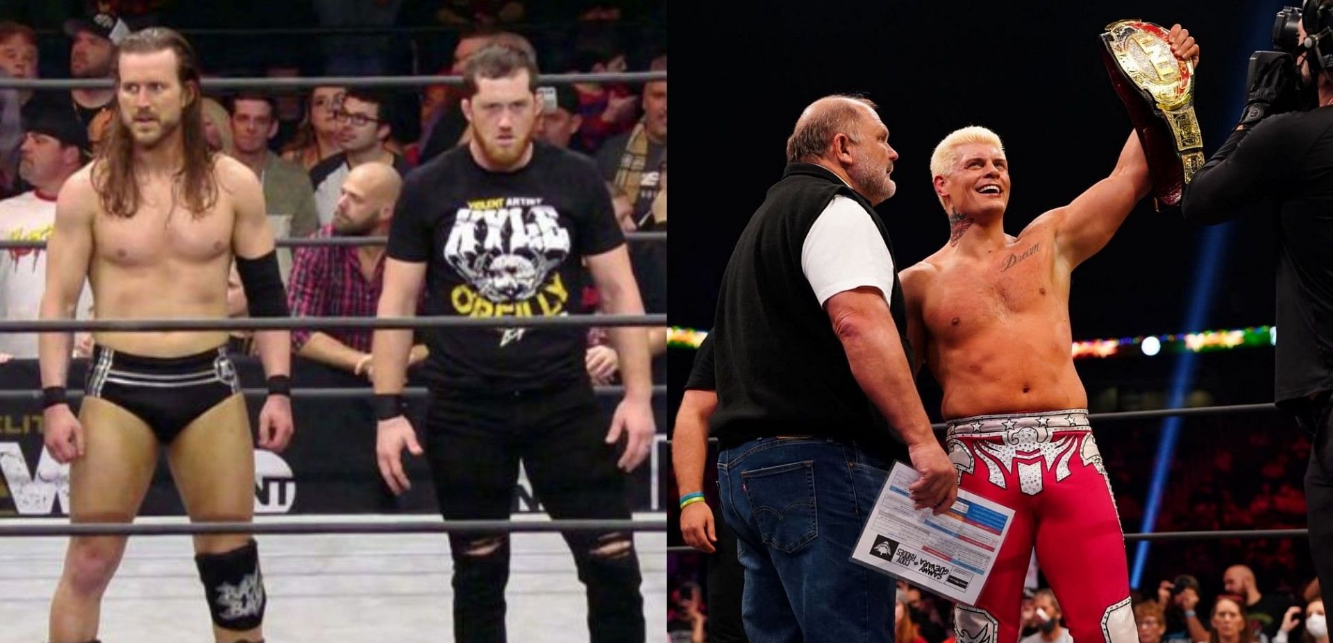 Adam Cole and Kyle O&#039;Reilly (left); Arn Anderson and Cody Rhodes (right)