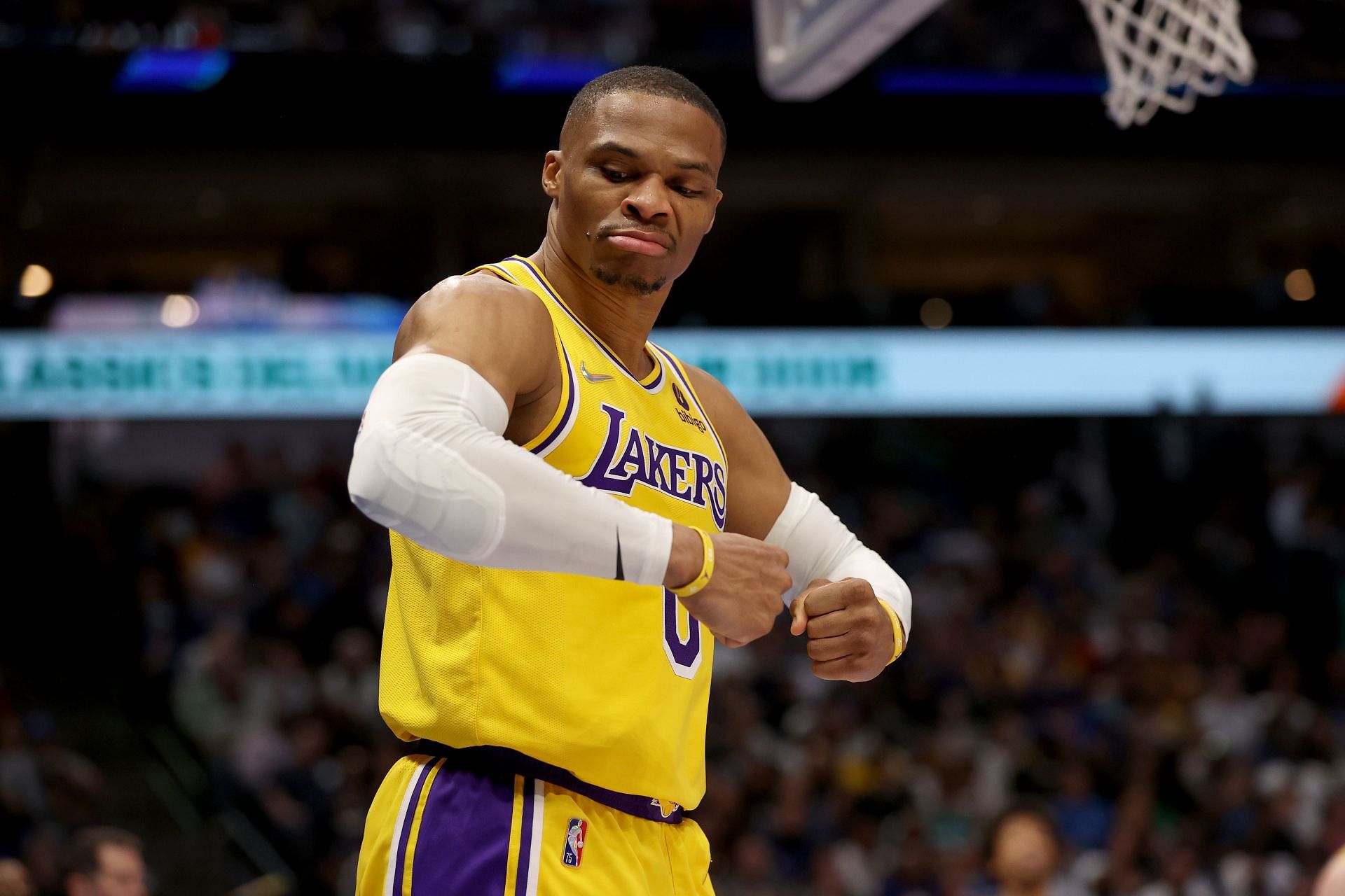Russell Westbrook #0 of the Los Angeles Lakers reacts against the Dallas Mavericks in the second half at American Airlines Center on December 15, 2021 in Dallas, Texas.