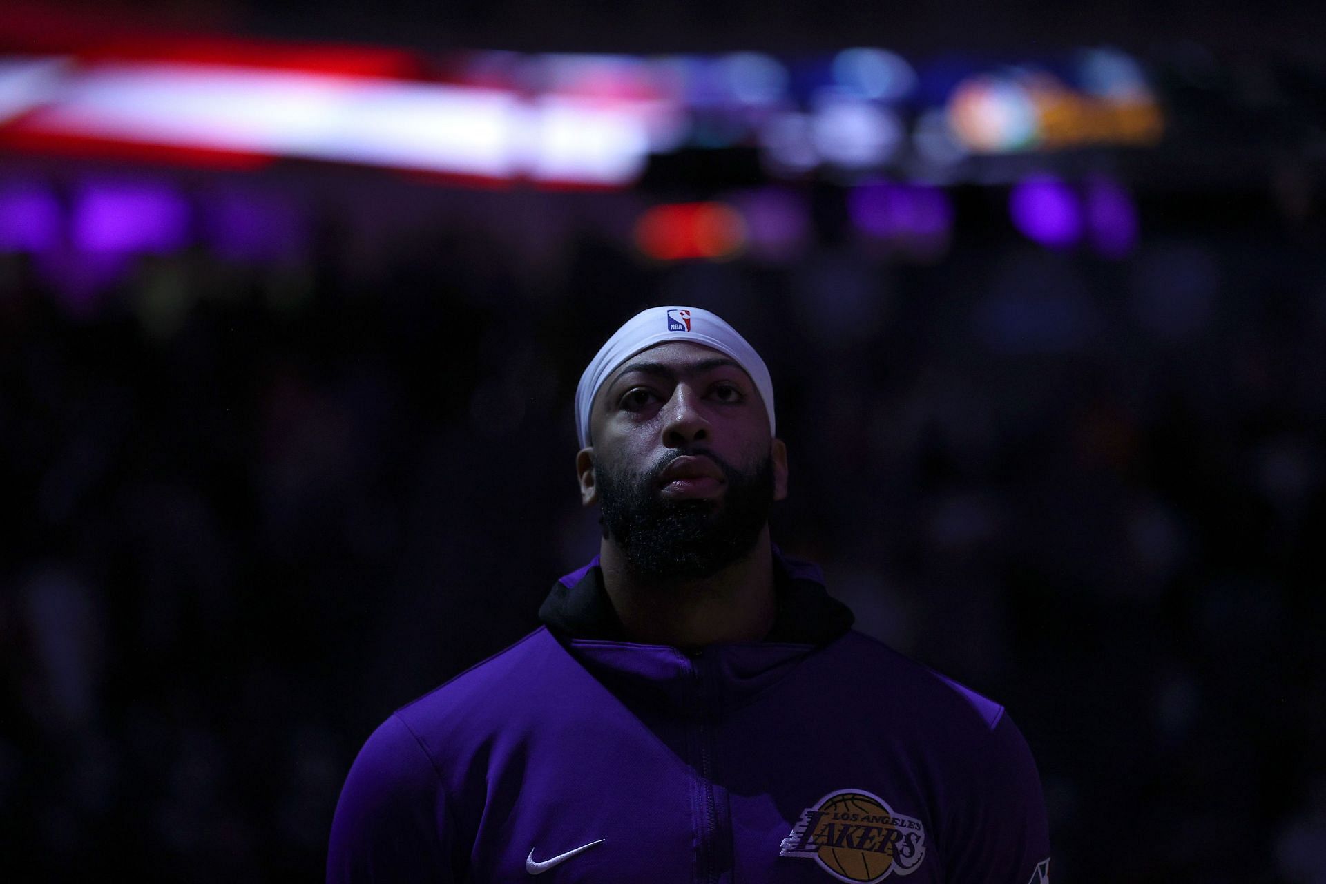 Anthony Davis #3 of the Los Angeles Lakers stands for the national anthem.