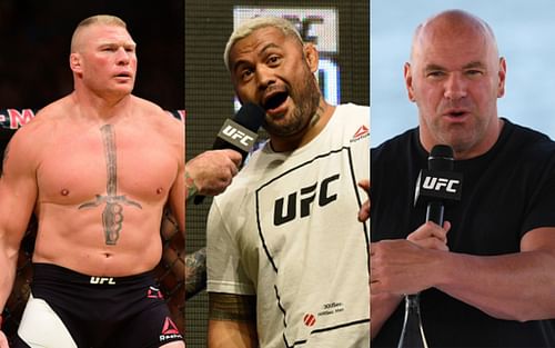 Brock Lesnar (left); Mark Hunt (center); Dana White (right)