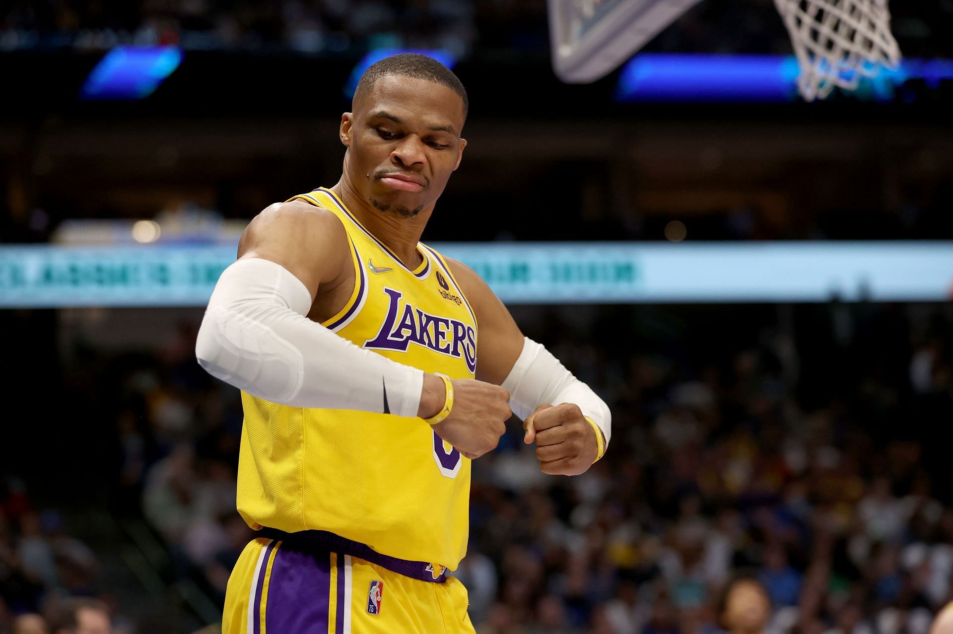 LA Lakers guard Russell Westbrook flexes.