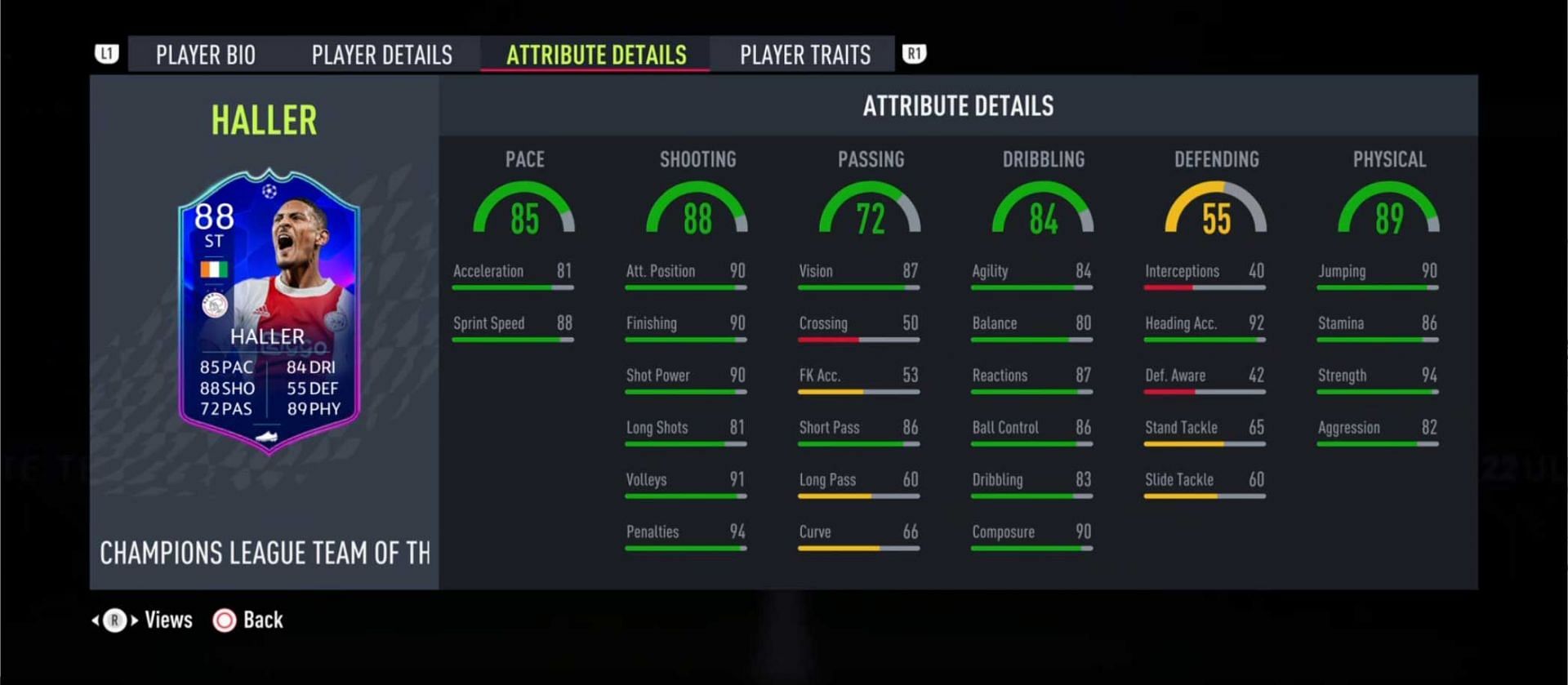Haller TOTGS card stats in FIFA 22 (Image via FIFA 22)