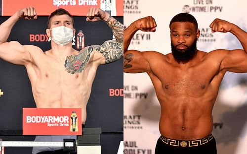 UFC middleweight contender Marvin Vettori (left) and former welterweight champion Tyron Woodley (right) at different weigh-ins