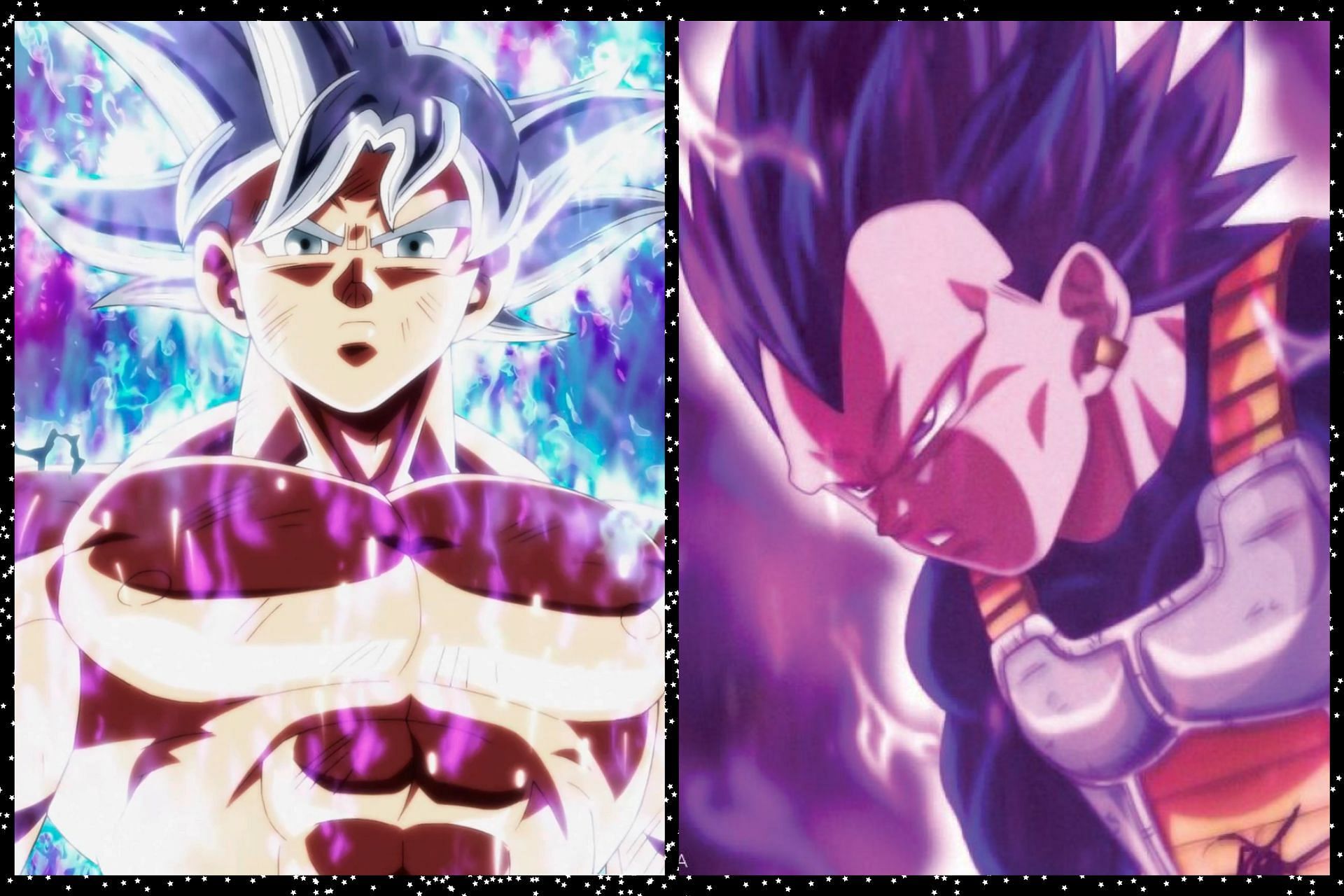 Goku&#039;s Ultra Instinct form and a fan coloring of Vegeta&#039;s Ultra Ego form from dragon ball super. (Image via Sportskeeda)