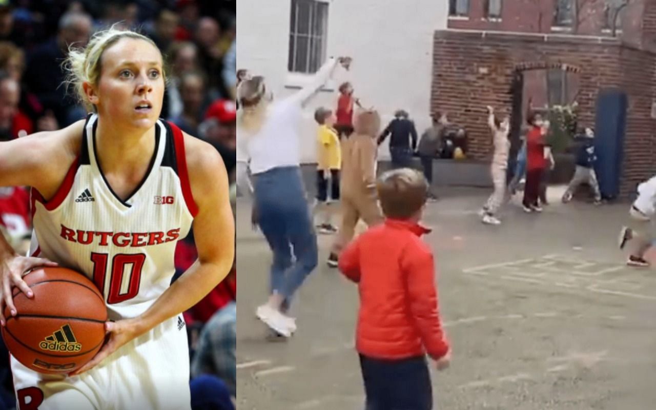 A schoolteacher went viral after getting a Hail Mary shot right (Image via Kathleen Fitzpatrick and RutgersWBB/Twitter)