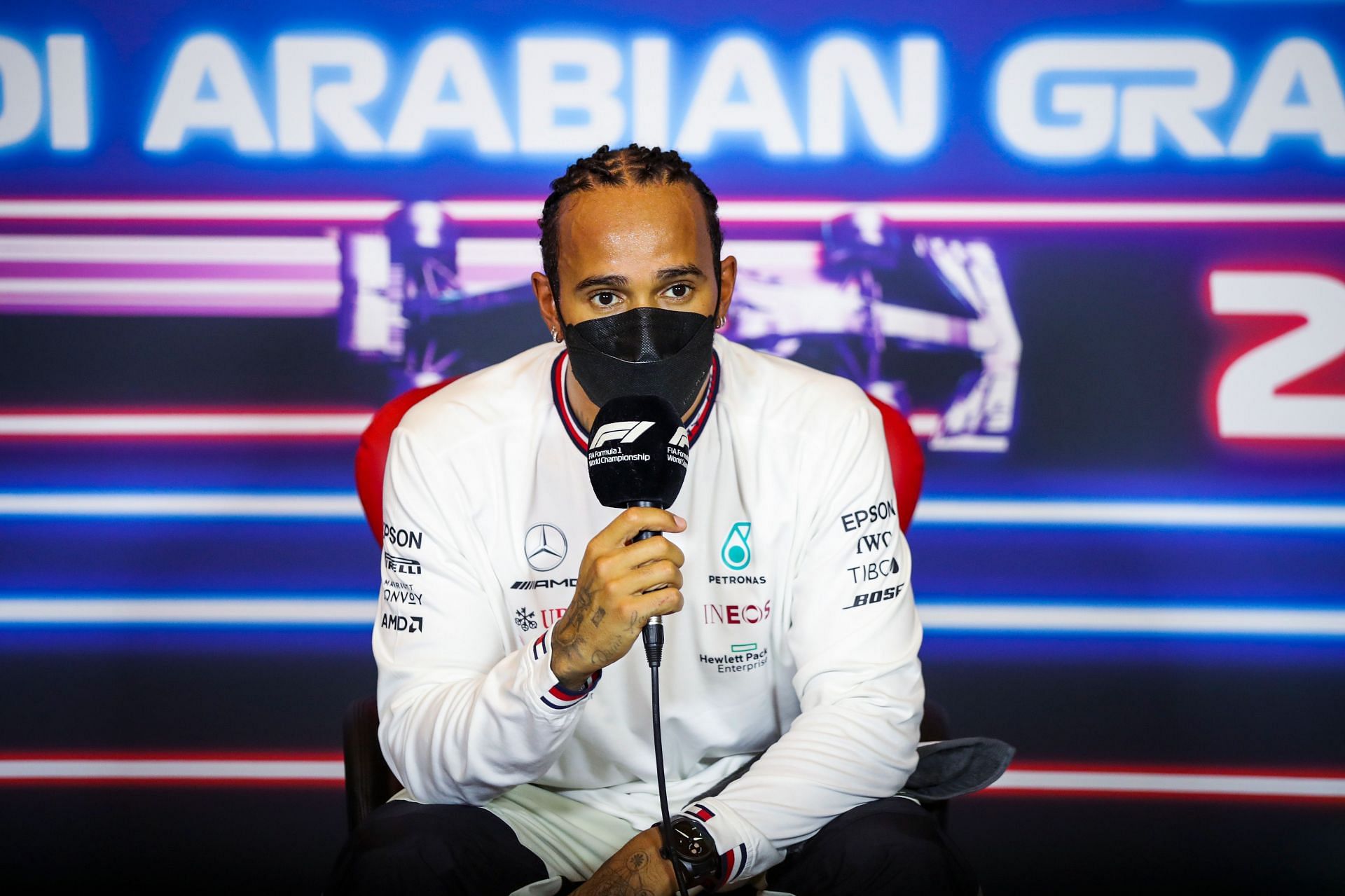 Pole position qualifier Lewis Hamilton talks in the press conference after qualifying ahead of the the2021 Saudi Arabian Grand Prix. (Photo by Florent Gooden - Pool/Getty Images)