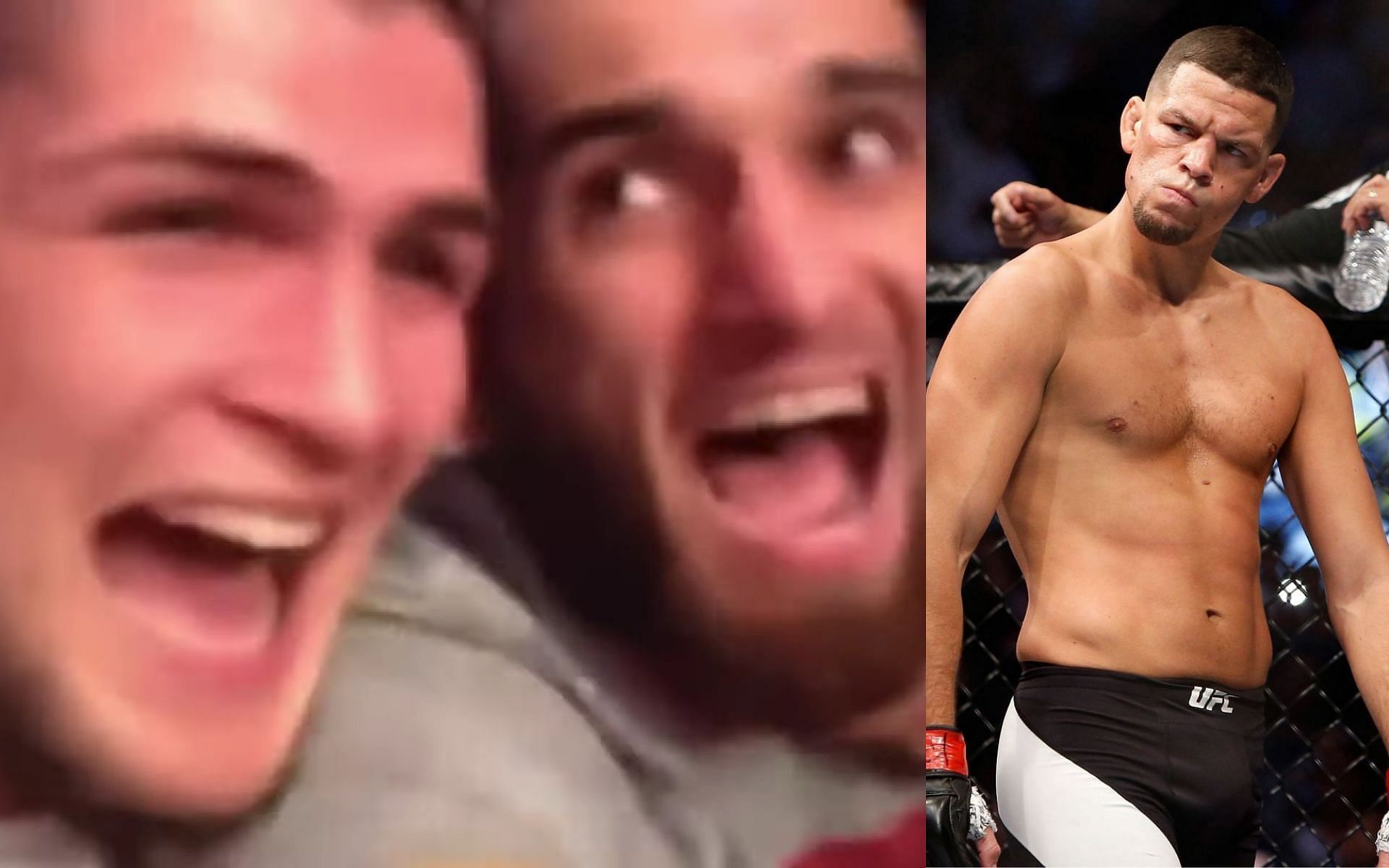 A young Khabib Nurmagomedov cheers for Nate Diaz [Left photo via YouTube.com]