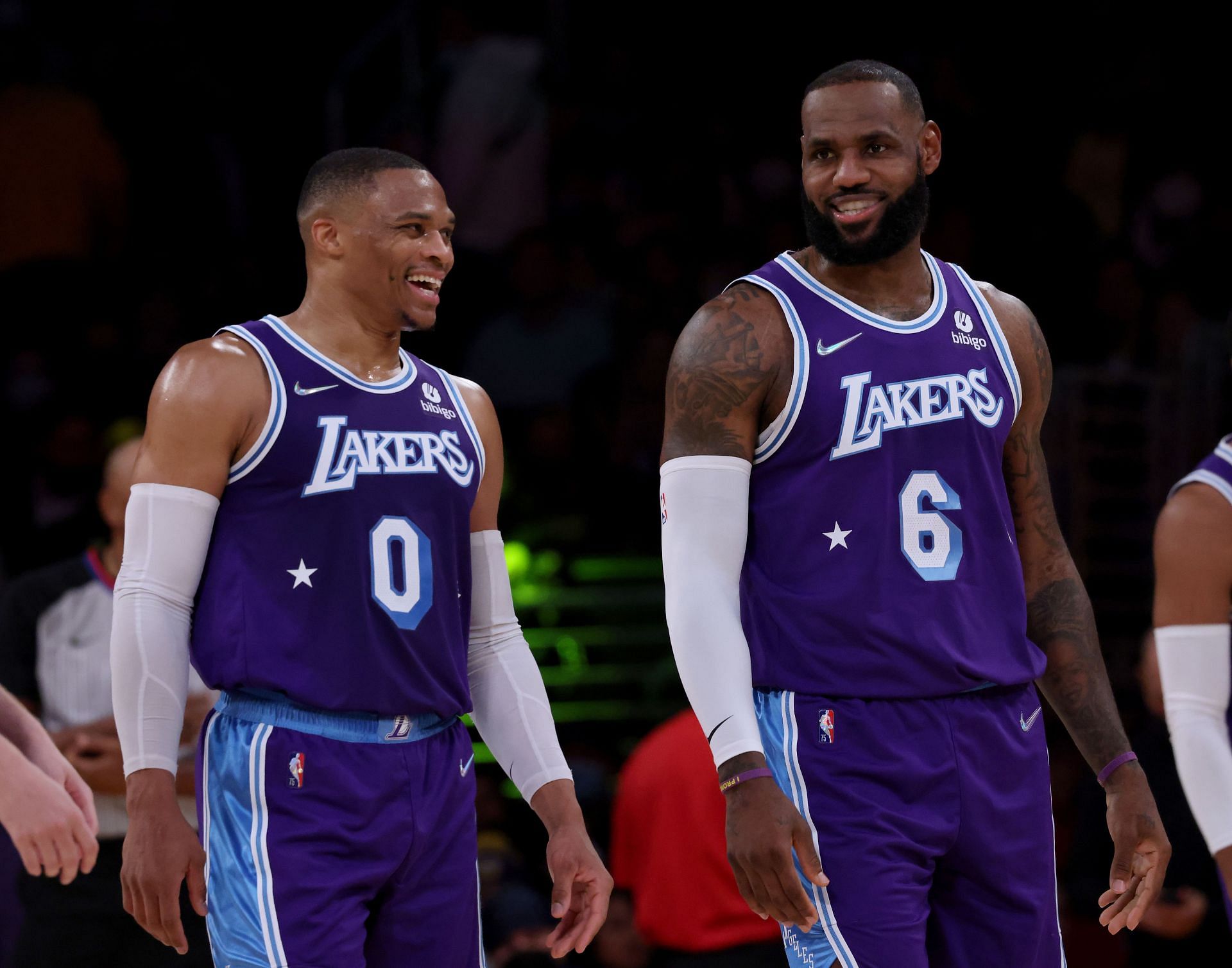 Los Angeles Lakers All-Star teammates Russell Westbrook #0 and LeBron James #6
