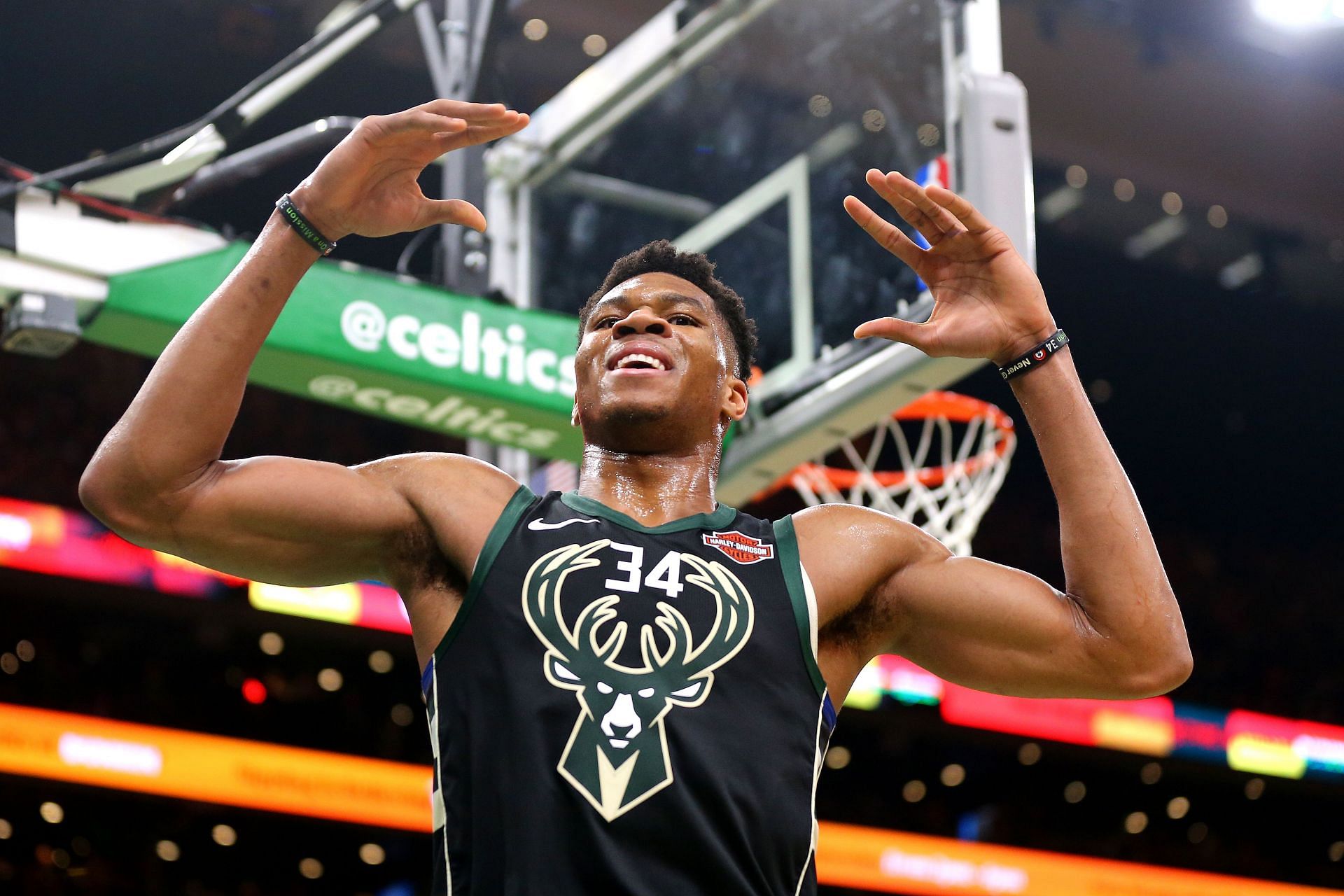 Giannis Antetokounmpo #34 of the Milwaukee Bucks reacts.