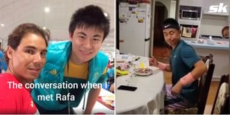 Table tennis player Heming Hu impersonates Rafael Nadal in a fun enactment of their Rio Olympics encounter