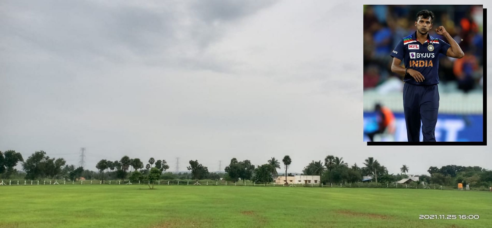 A picture of the ground which will be converted into a cricket ground with all facilities by T Natarajan (inset).