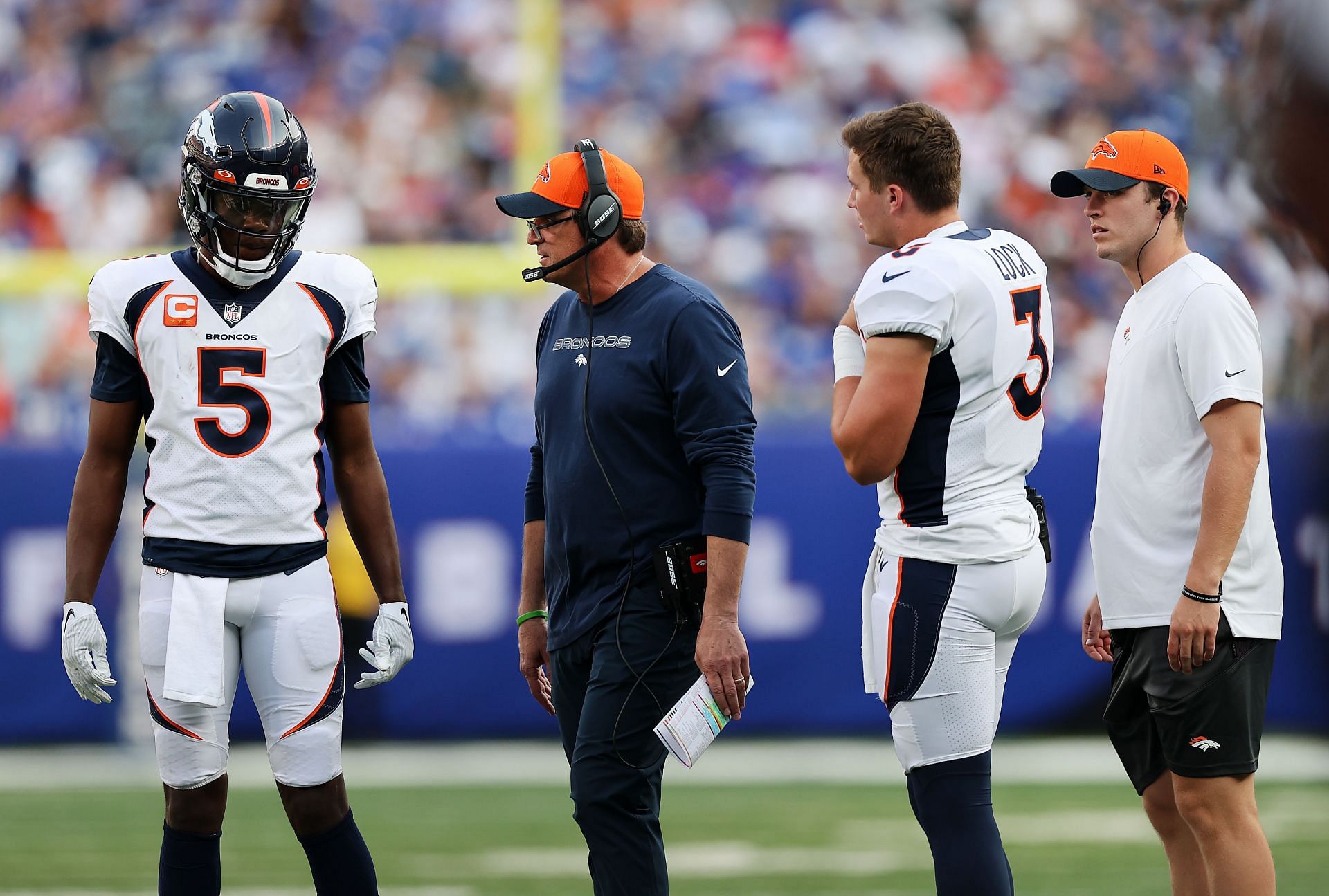 Teddy Bridgewater and Drew Lock of Denver Broncos v New York Giants