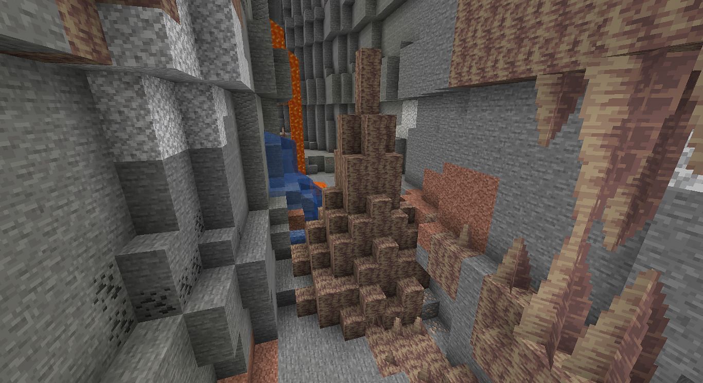 A dripstone cave biome intersecting with a ravine, making it prone to sudden drops (Image via Mojang)