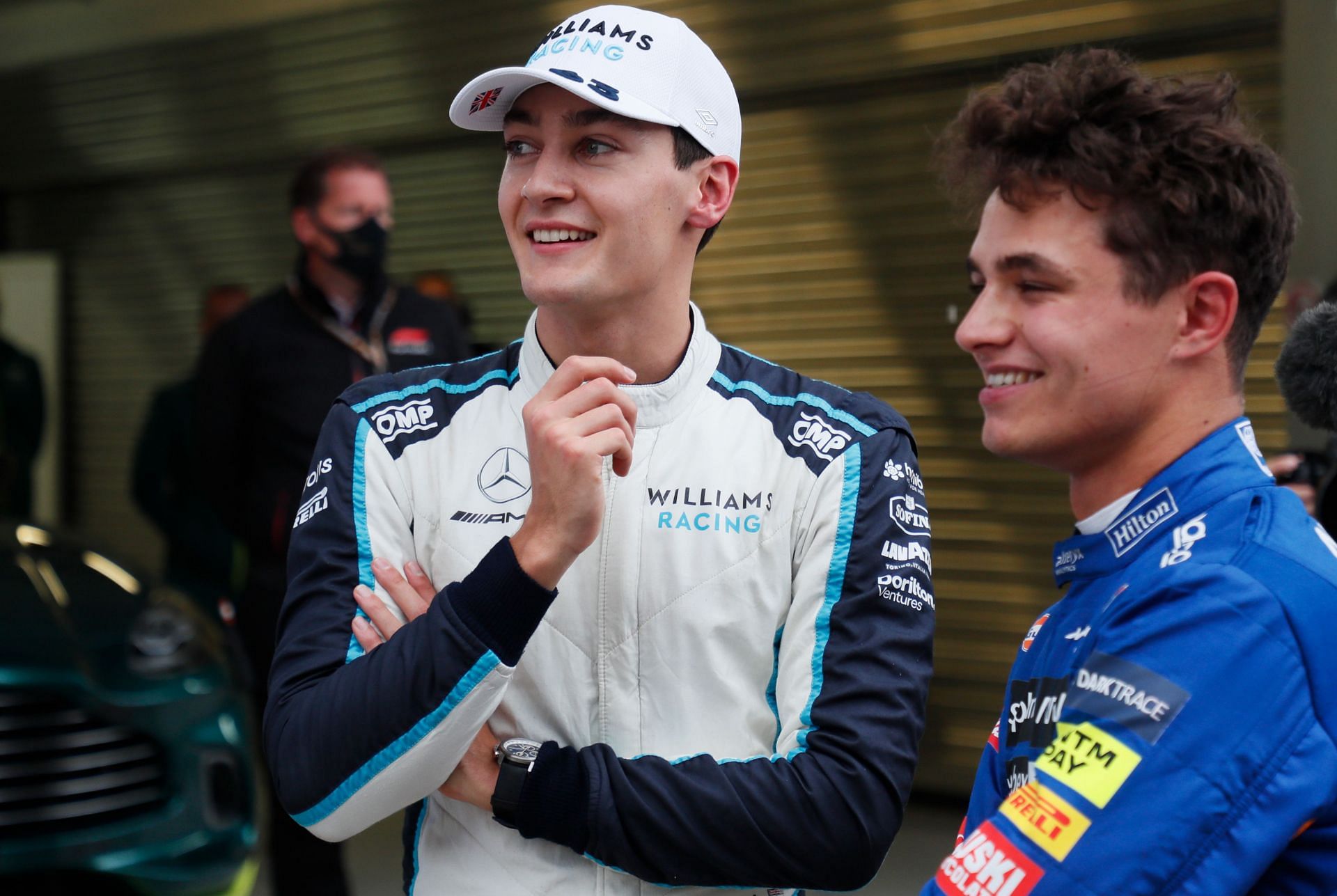 Lando Norris (right) and George Russell (left) after qualifying first and third respectively at the 2021 Russian Grand Prix