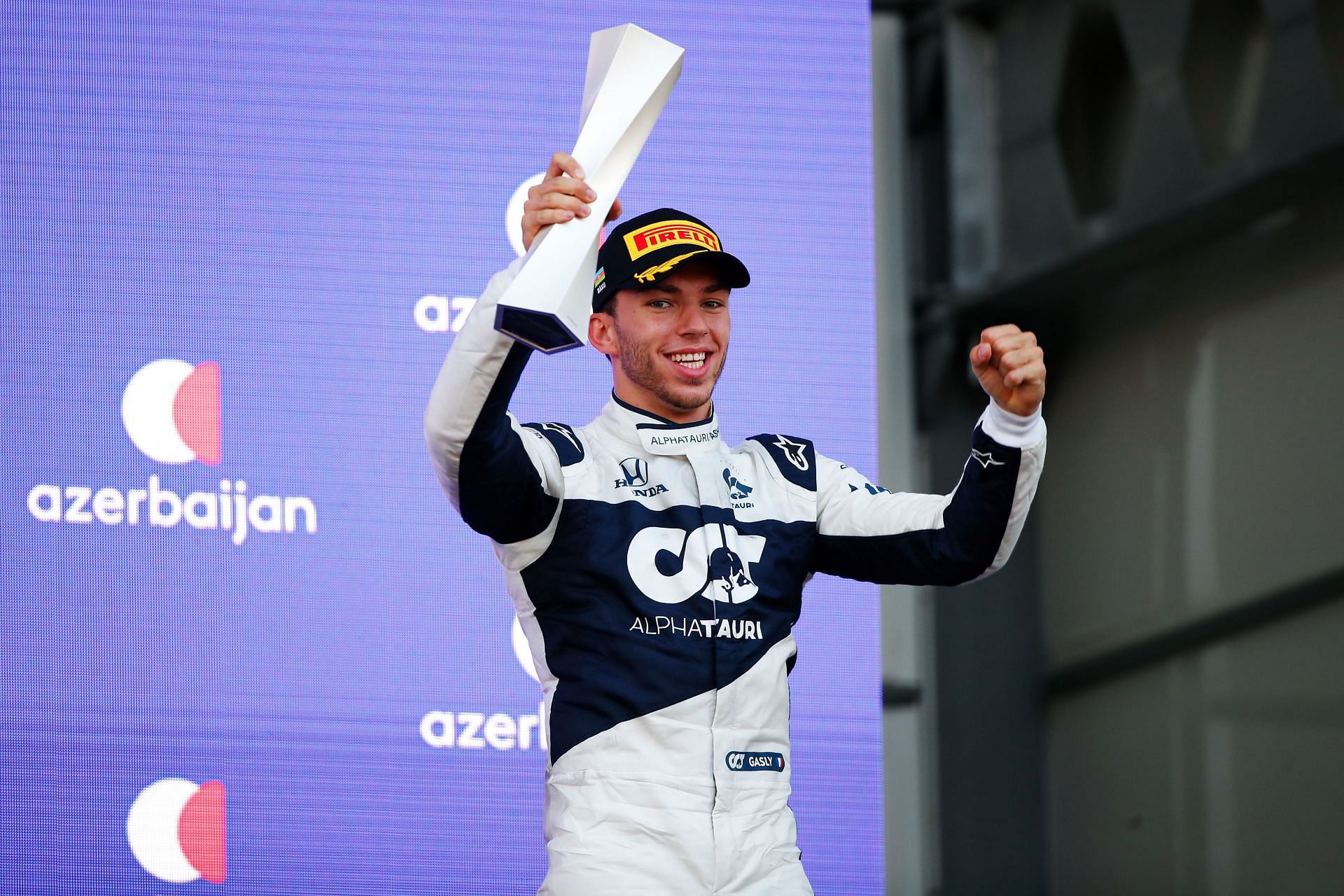 Pierre Gasly on the podium at the 2021 Azerbaijan Grand Prix