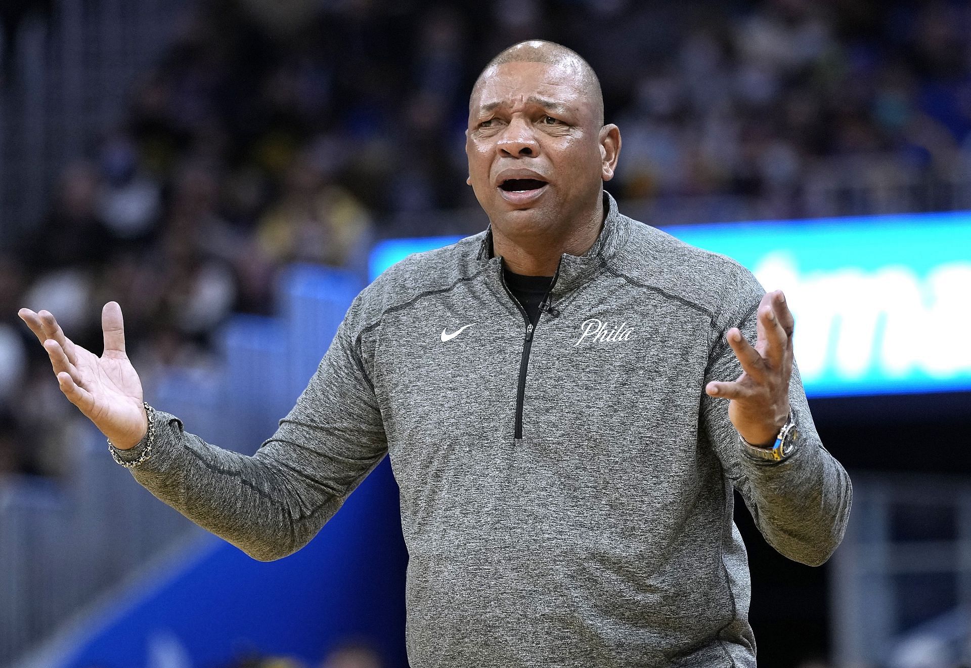 Philadelphia 76ers head coach Doc Rivers reacts to a foul call