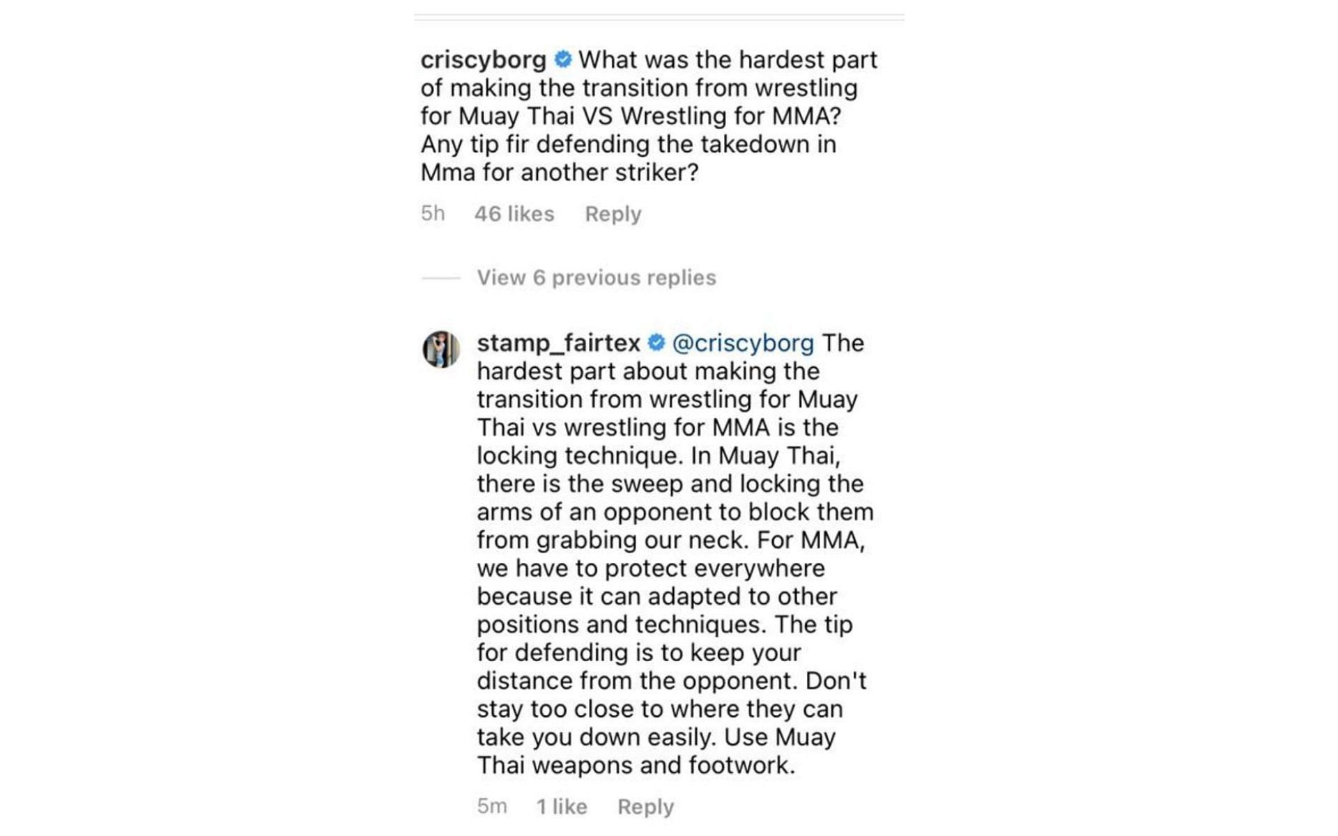 Screenshot of Cris Cyborg and Stamp Fairtex&#039;s comments