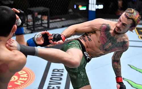 UFC bantamweight sensation Sean O'Malley (right) executes a kick against Thomas Almeida at UFC 260