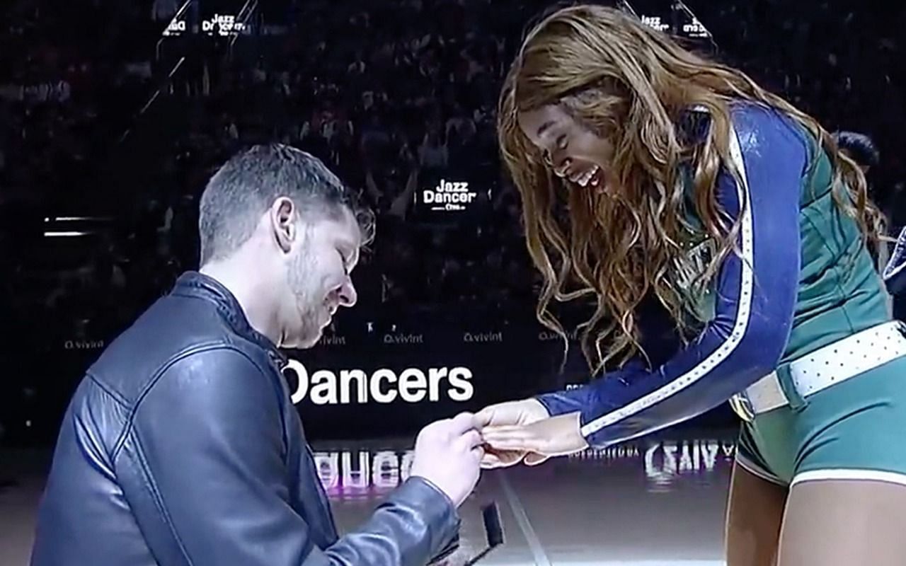 The Utah Jazz dancer&#039;s surprise proposal won the internet (Image via House of Highlights/YouTube)