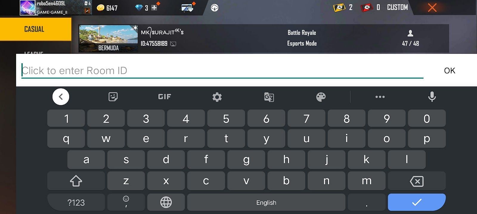 Enter the custom room ID (Image via Free Fire)