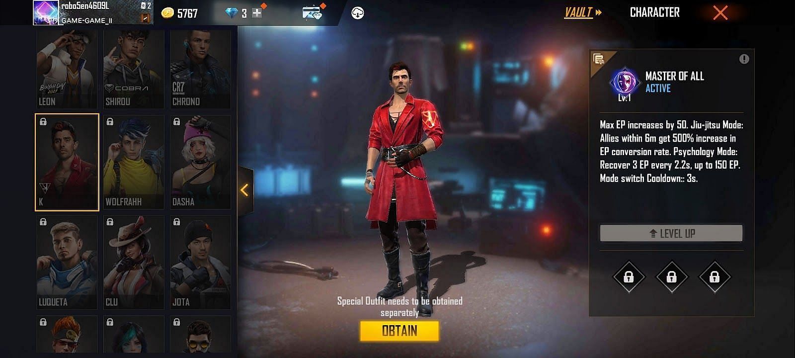 K&#039;s &#039;Master of All&#039; ability (Image via Garena Free Fire)