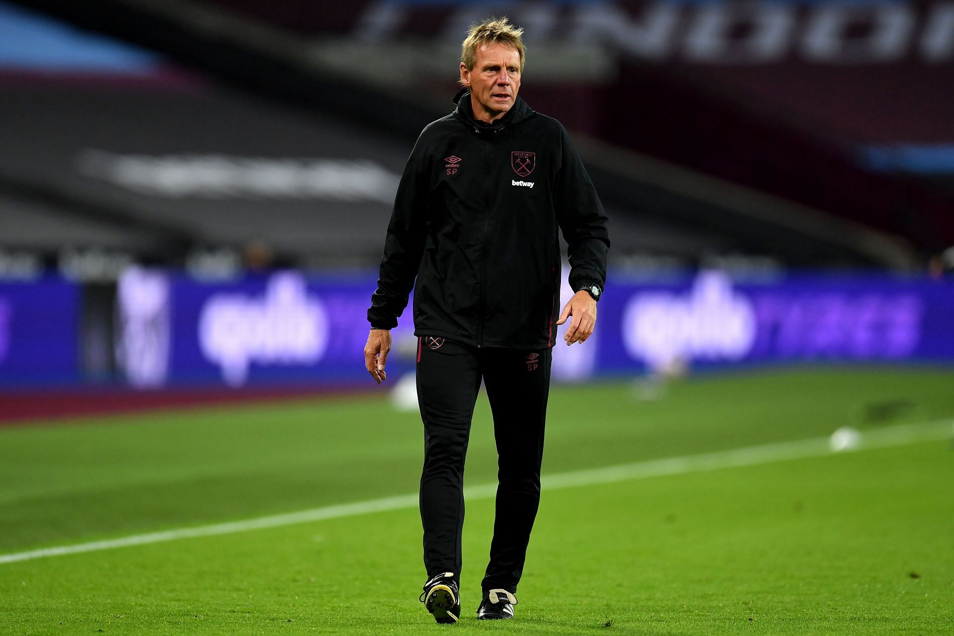 Former football player, Stuart Pearce, first team coach of West Ham United looks on during the warm up prior to the Premier League match between West Ham United and Wolverhampton Wanderers at London Stadium on September 27, 2020 in London, England.