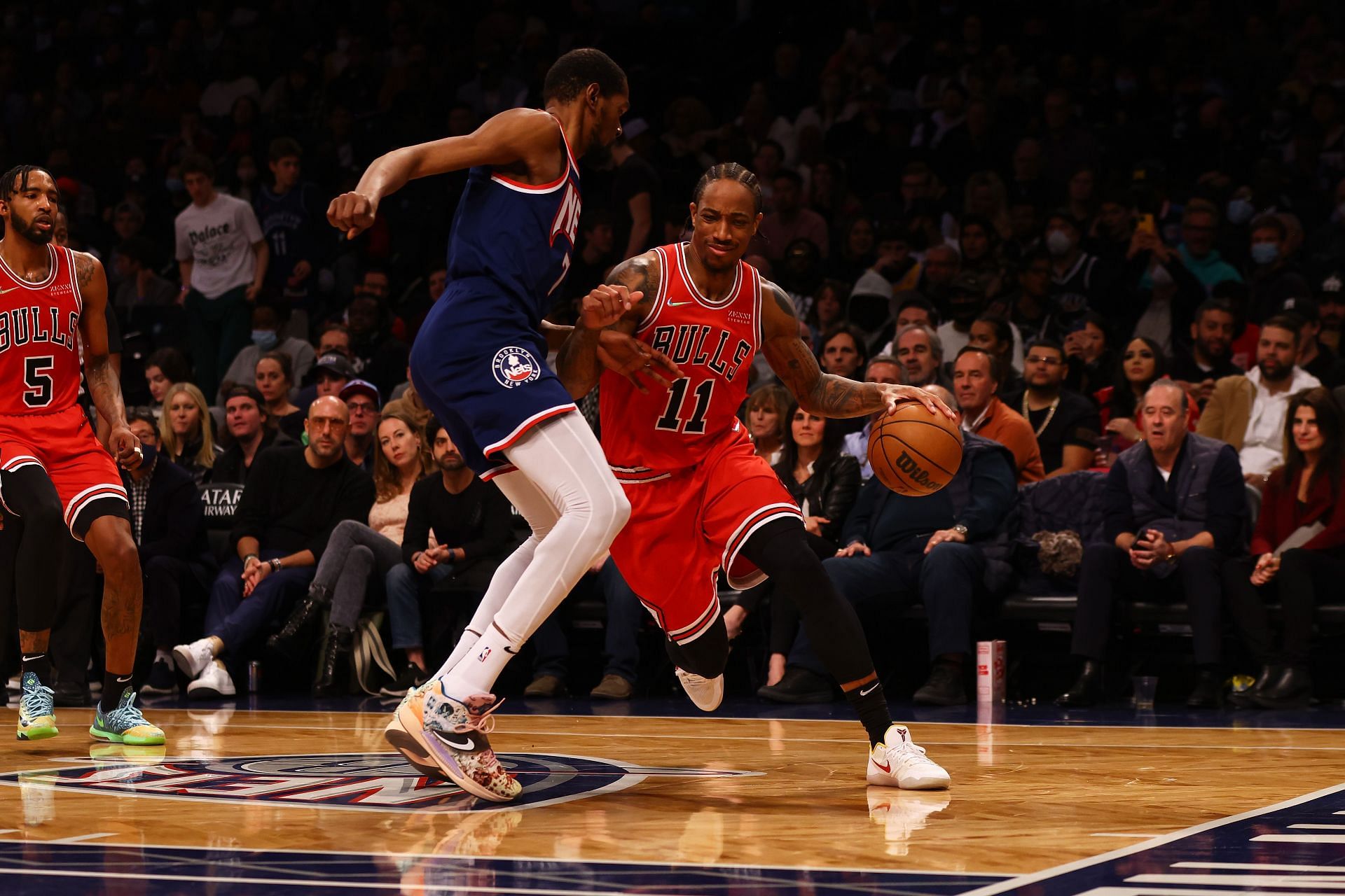 Chicago Bulls v Brooklyn Nets; DeRozan driving against Brooklyn&#039;s Kevin Durant