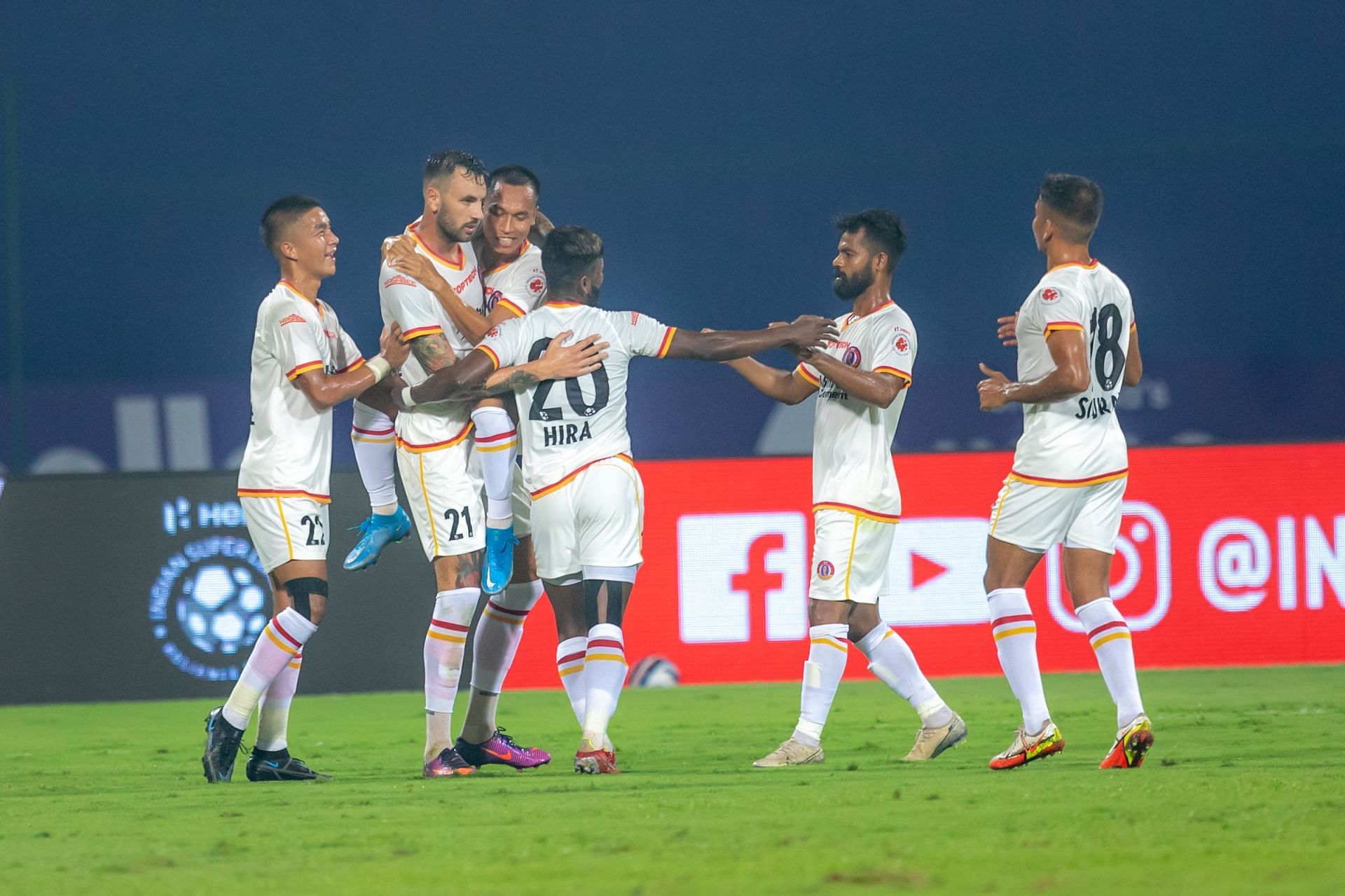 SC East Bengal players celebrate after Amir Dervisevic scores a goal against Hyderabad FC. (Image Courtesy: ISL Media)