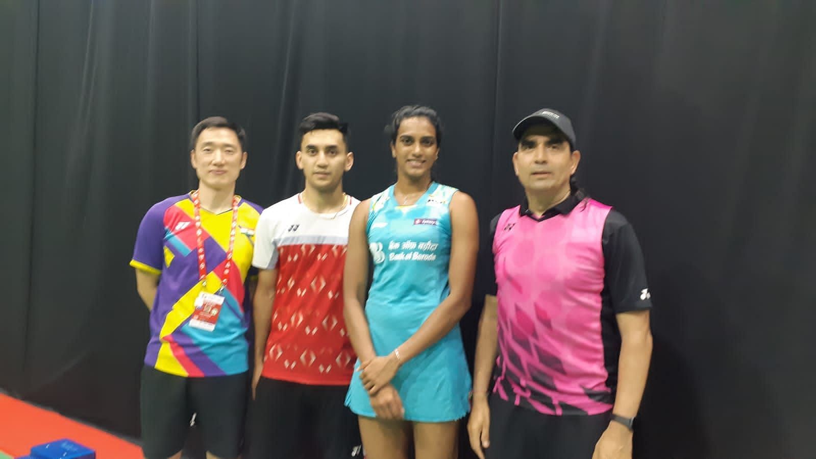 Lakshya Sen (2nd from L) and PV Sindhu (3rd from L) with Park Tae Sang and DK Sen (R)